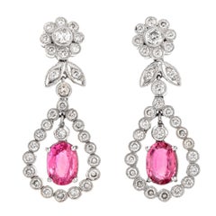 Vintage Diamond Pink Sapphire Dangle Drop 18 Karat Earrings