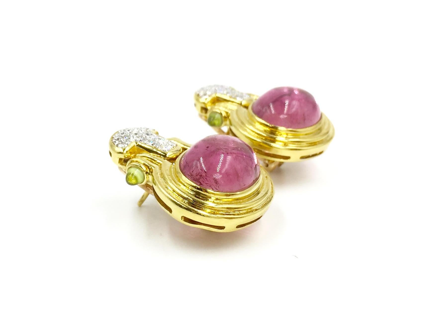 Vintage Diamond, Pink Tourmaline and Peridot 18 Karat Gold Earrings In Good Condition In Pikesville, MD