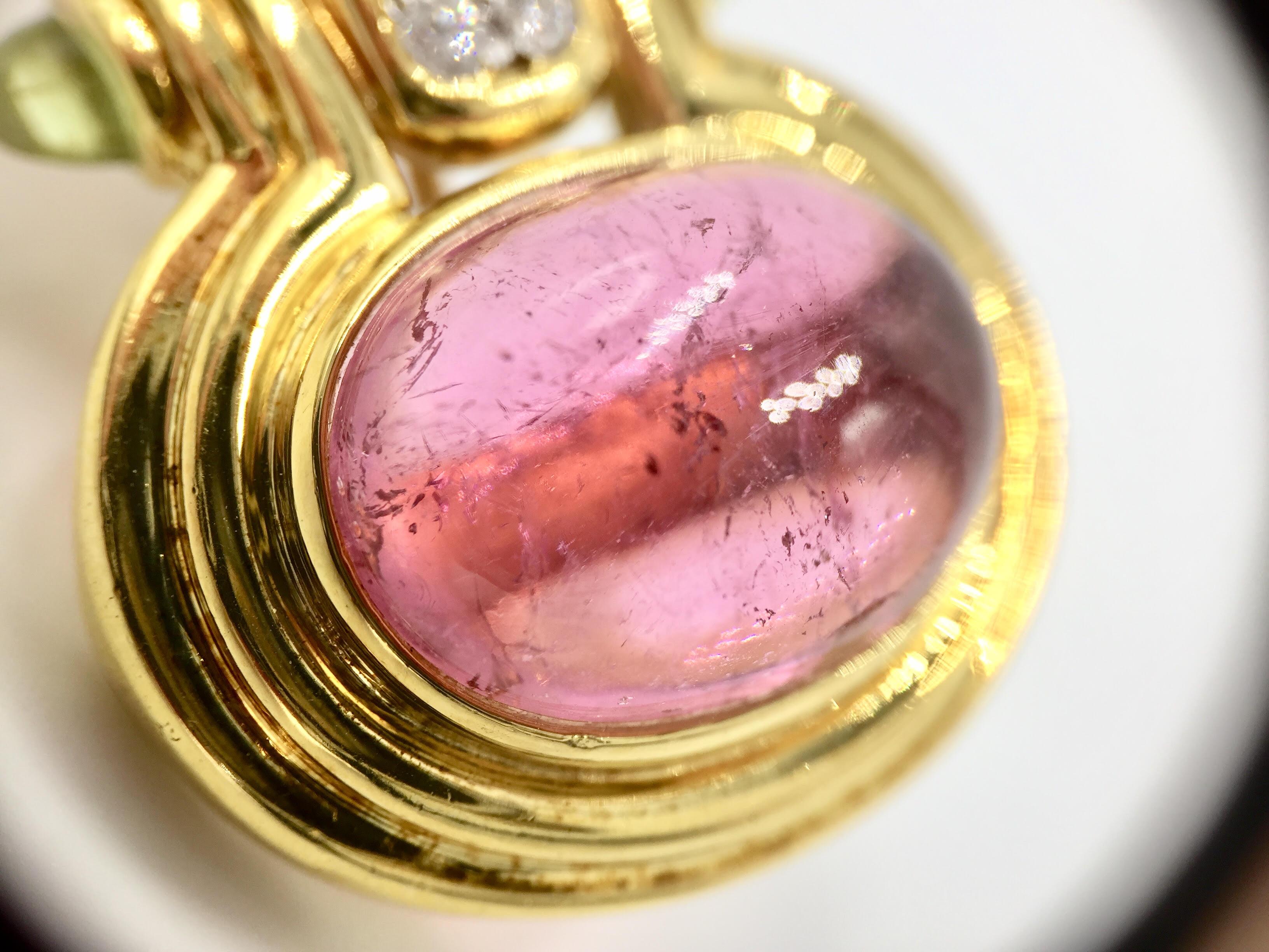 Vintage Diamond, Pink Tourmaline and Peridot 18 Karat Gold Earrings 2