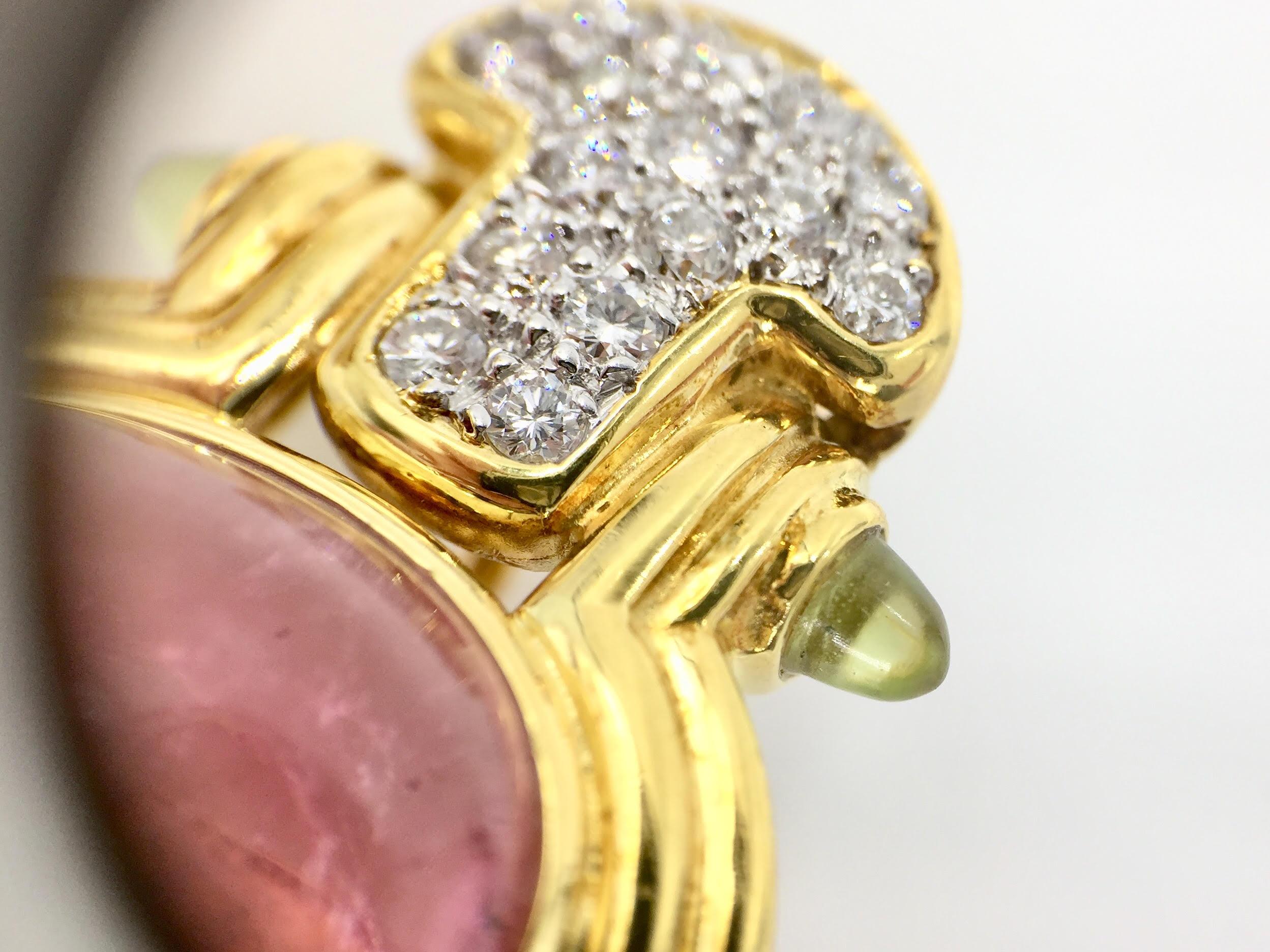 Vintage Diamond, Pink Tourmaline and Peridot 18 Karat Gold Earrings 3