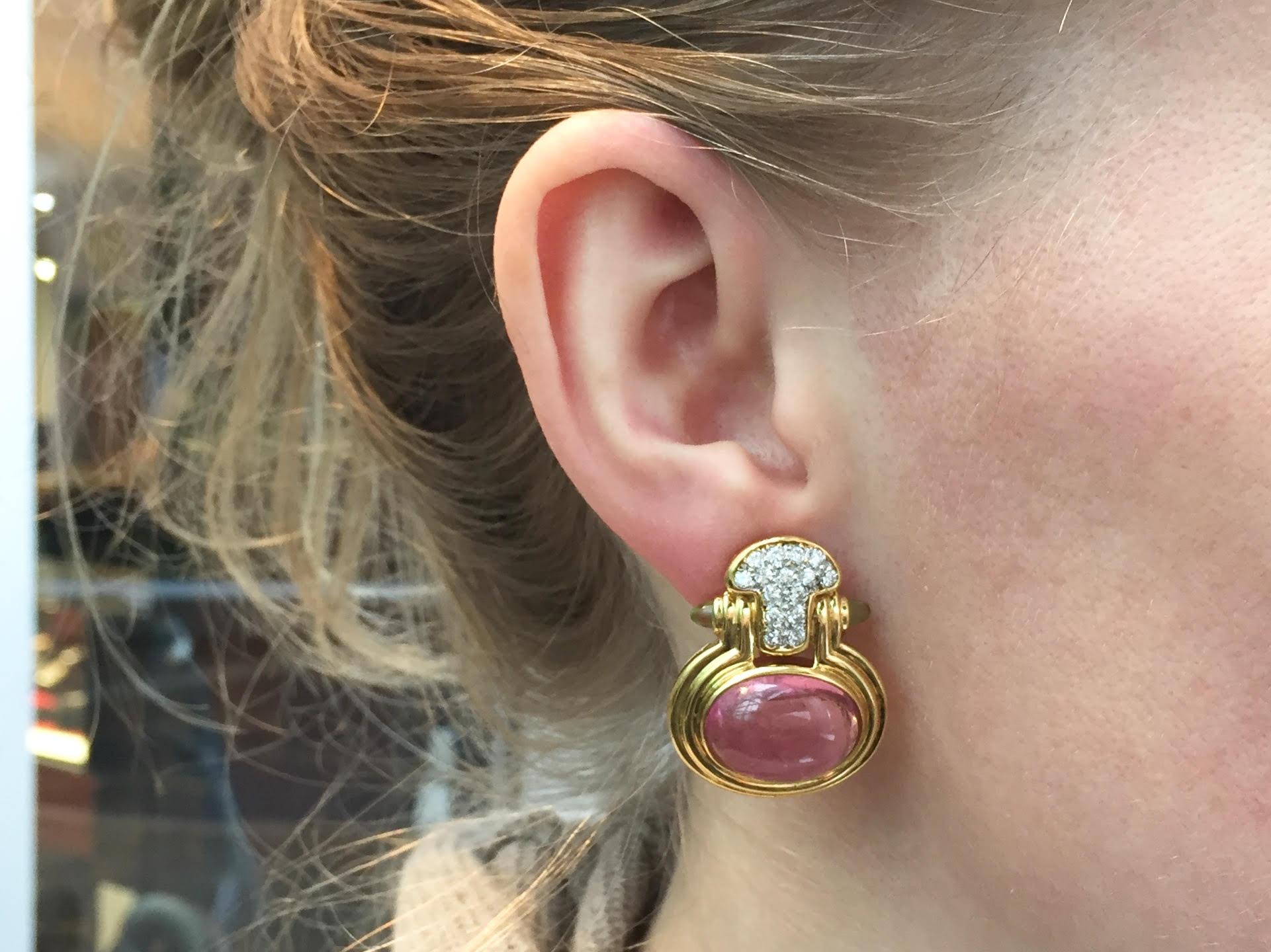 Vintage Diamond, Pink Tourmaline and Peridot 18 Karat Gold Earrings 4