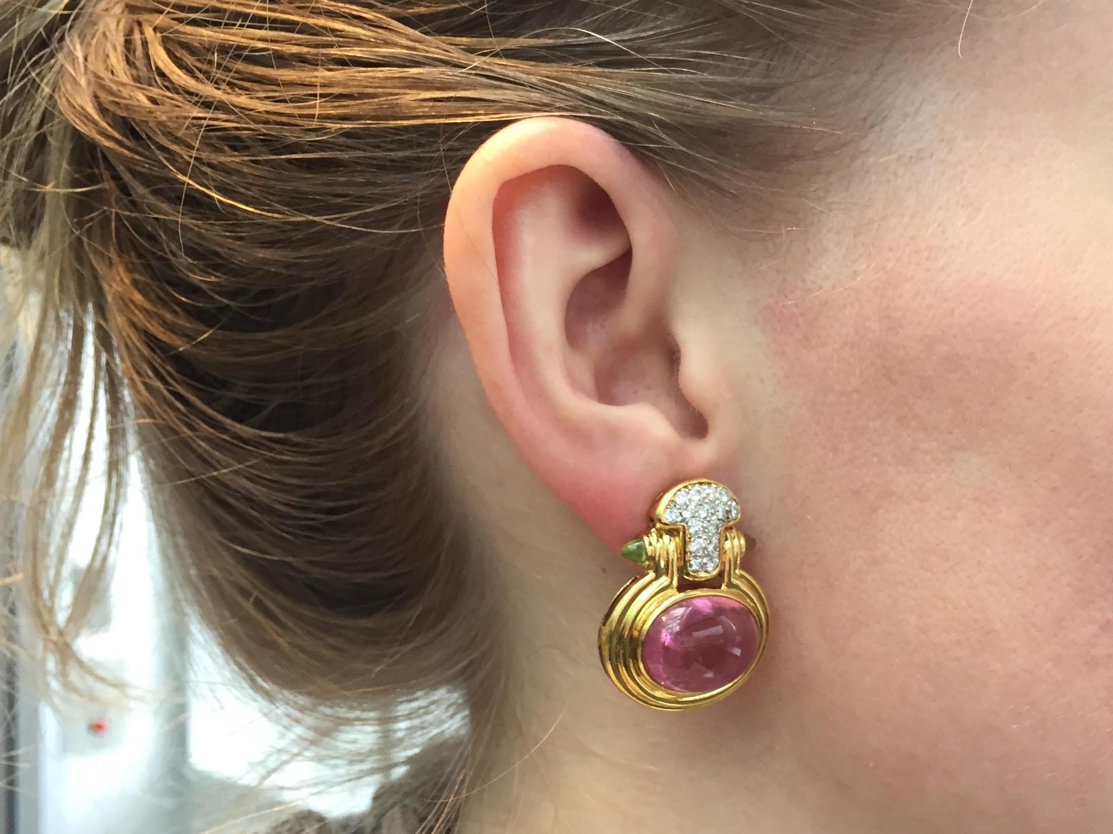 Vintage Diamond, Pink Tourmaline and Peridot 18 Karat Gold Earrings 5