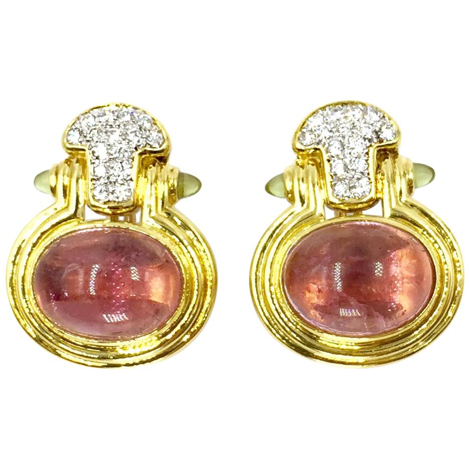 Vintage Diamond, Pink Tourmaline and Peridot 18 Karat Gold Earrings