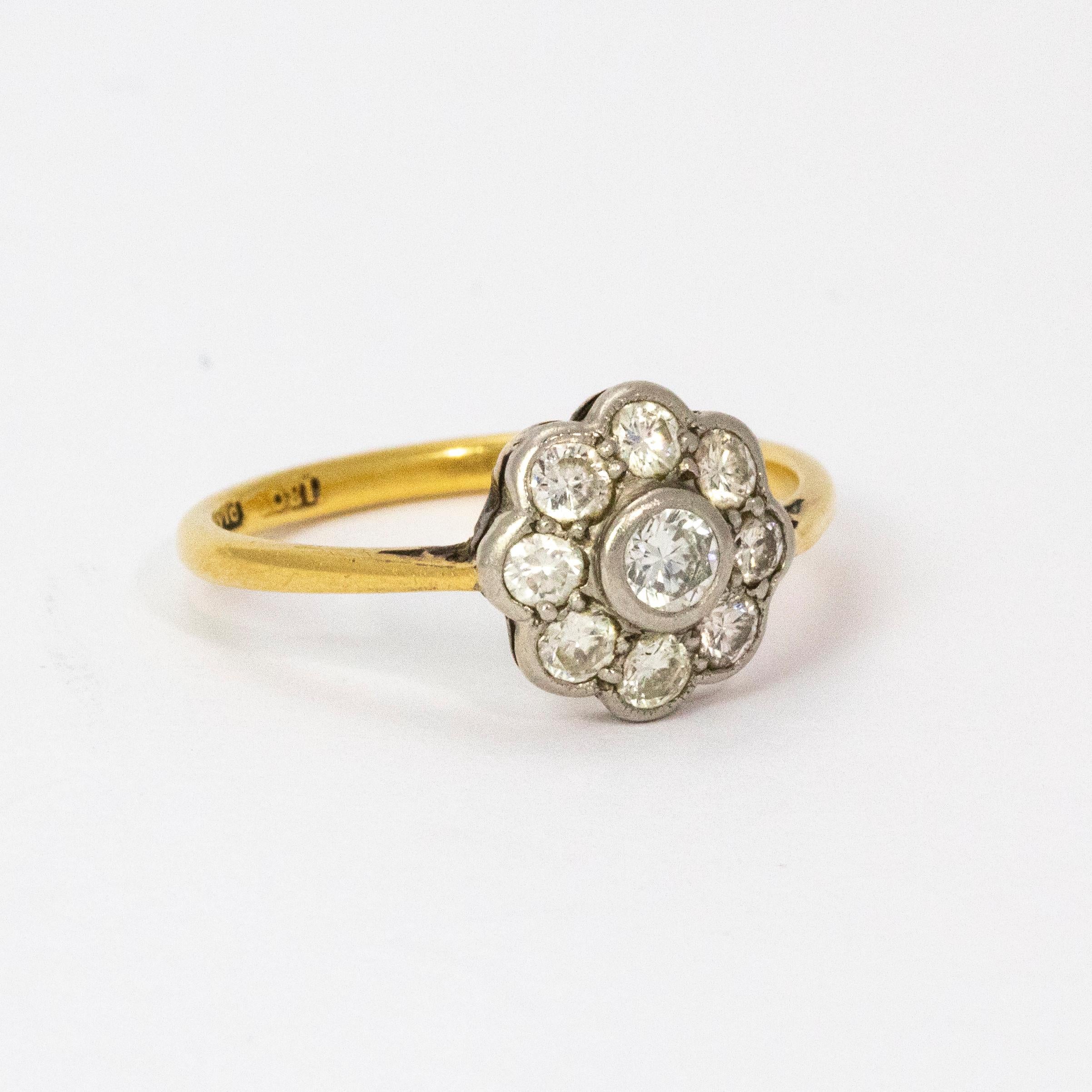 Vintage Diamond Platinum 18 Carat Gold Cluster Ring In Excellent Condition In Chipping Campden, GB
