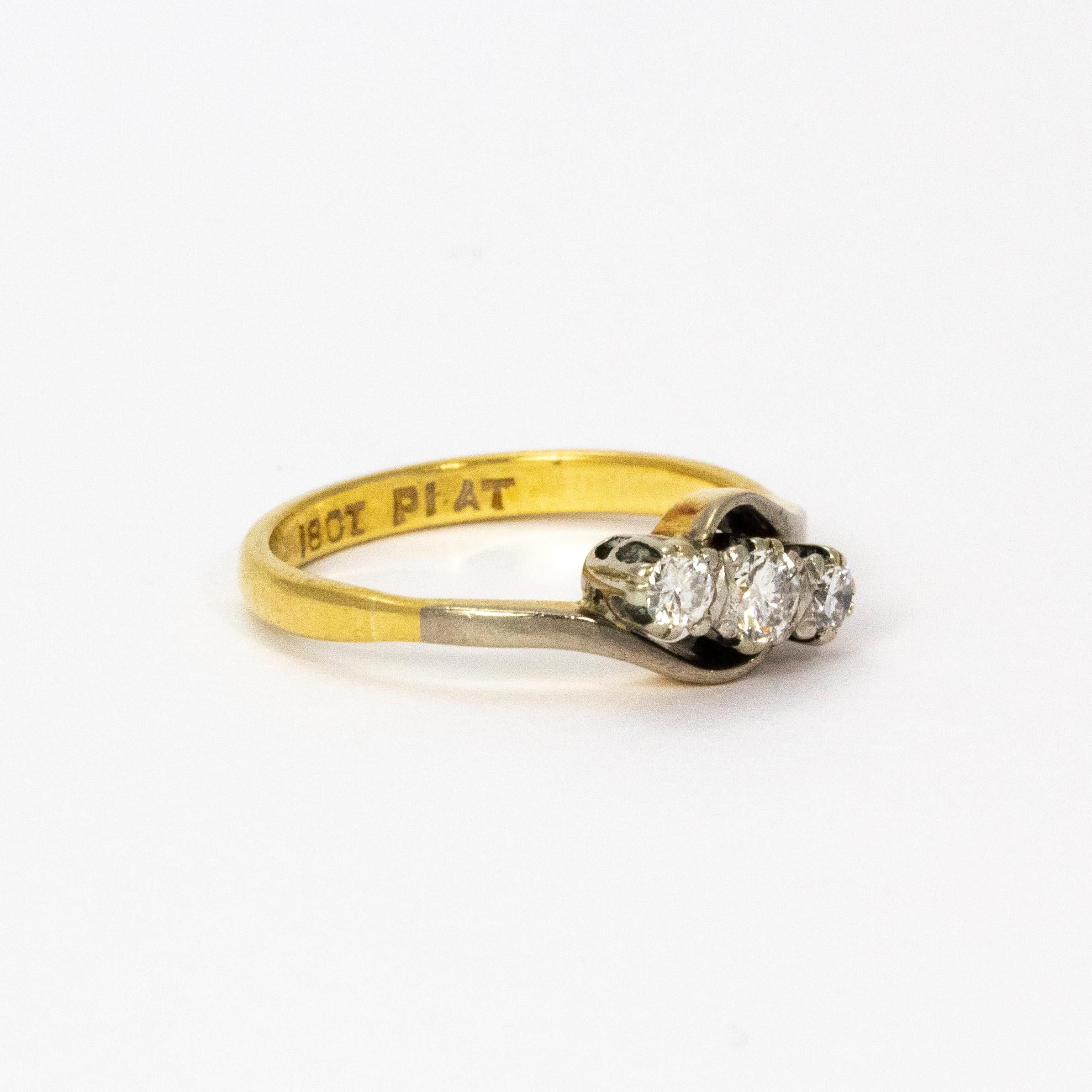 Women's or Men's Vintage Diamond Platinum 18 Carat Gold Three-Stone Ring