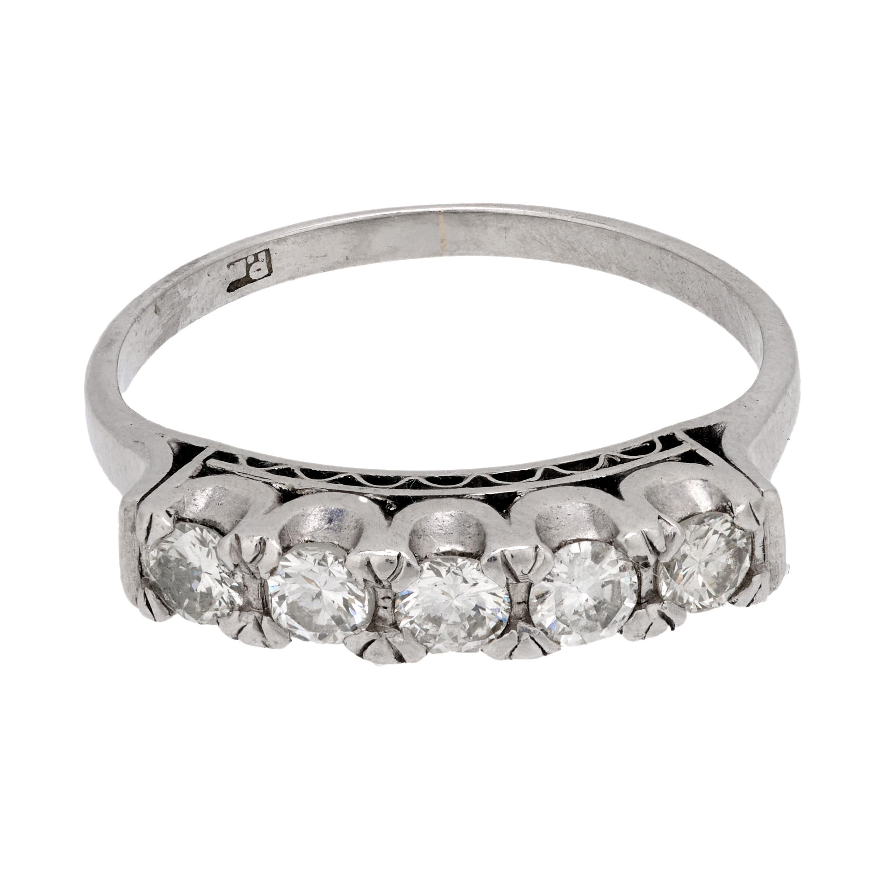 Modern Vintage diamond platinum 5 stone wedding band For Sale