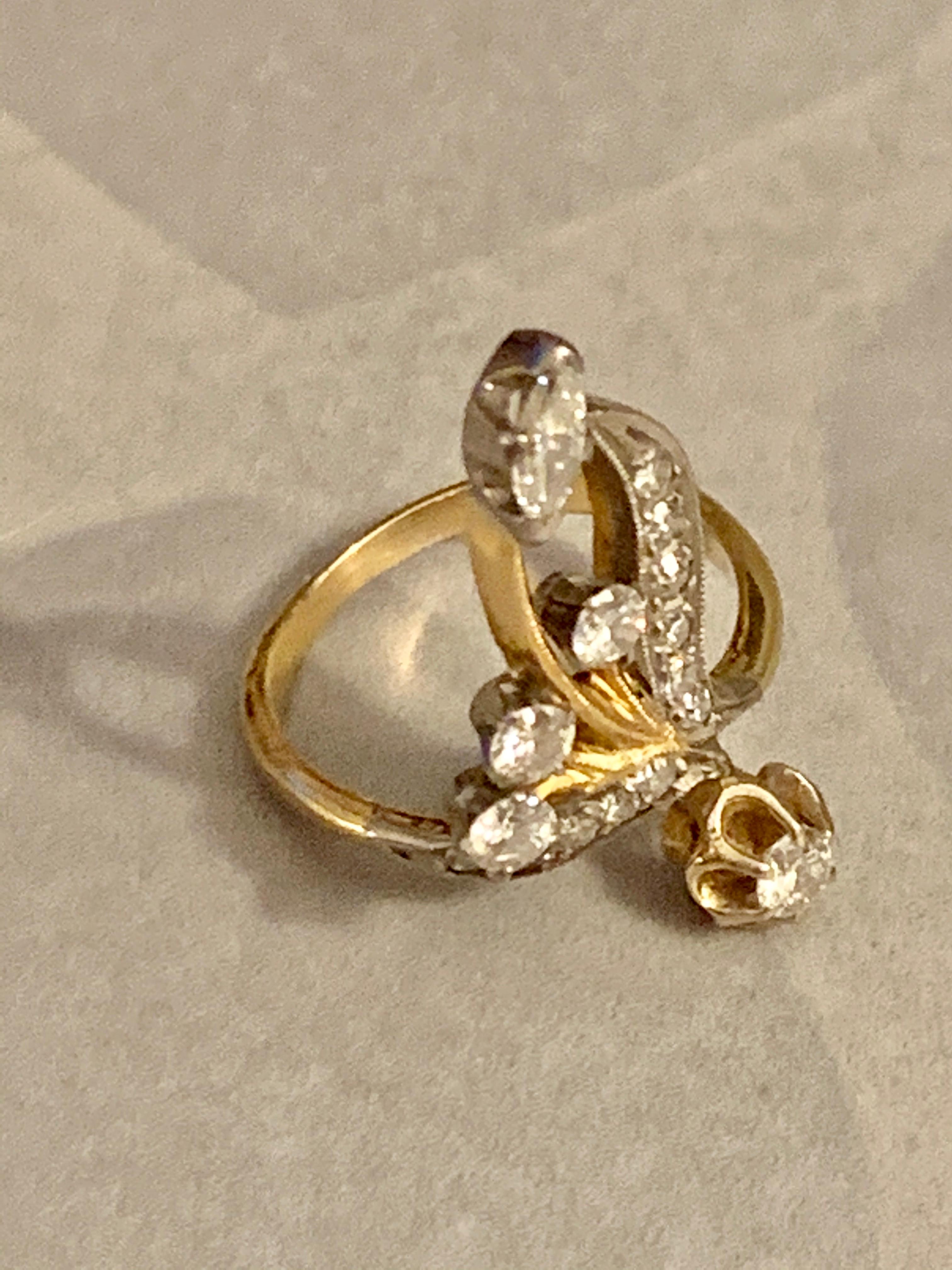 Mixed Cut Vintage Diamond Platinum and 18 Karat Yellow Gold Fashion Ring For Sale
