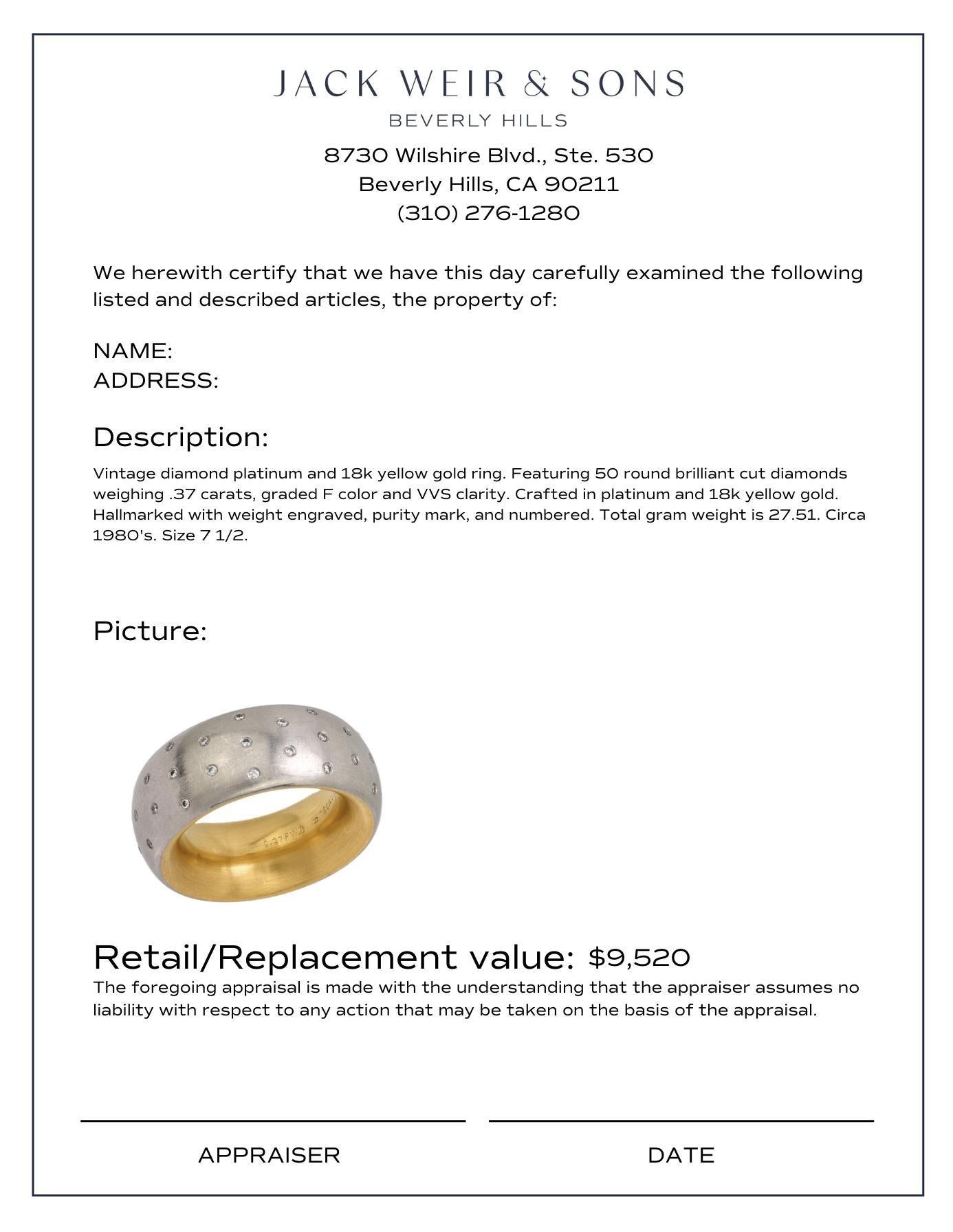 Vintage diamond platinum and 18k yellow gold band In Good Condition For Sale In Beverly Hills, CA