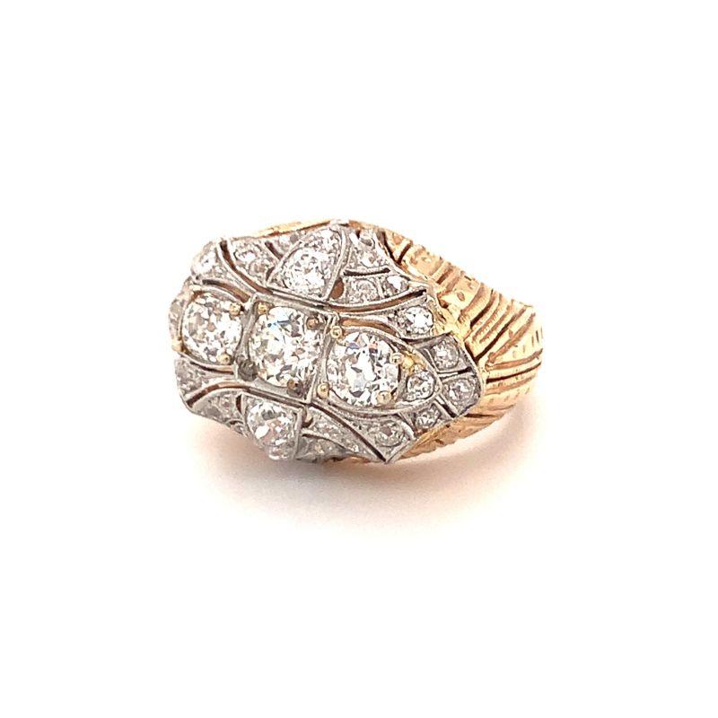 Old European Cut Vintage Diamond Platinum and 18K Yellow Gold Ring, circa 1960s For Sale