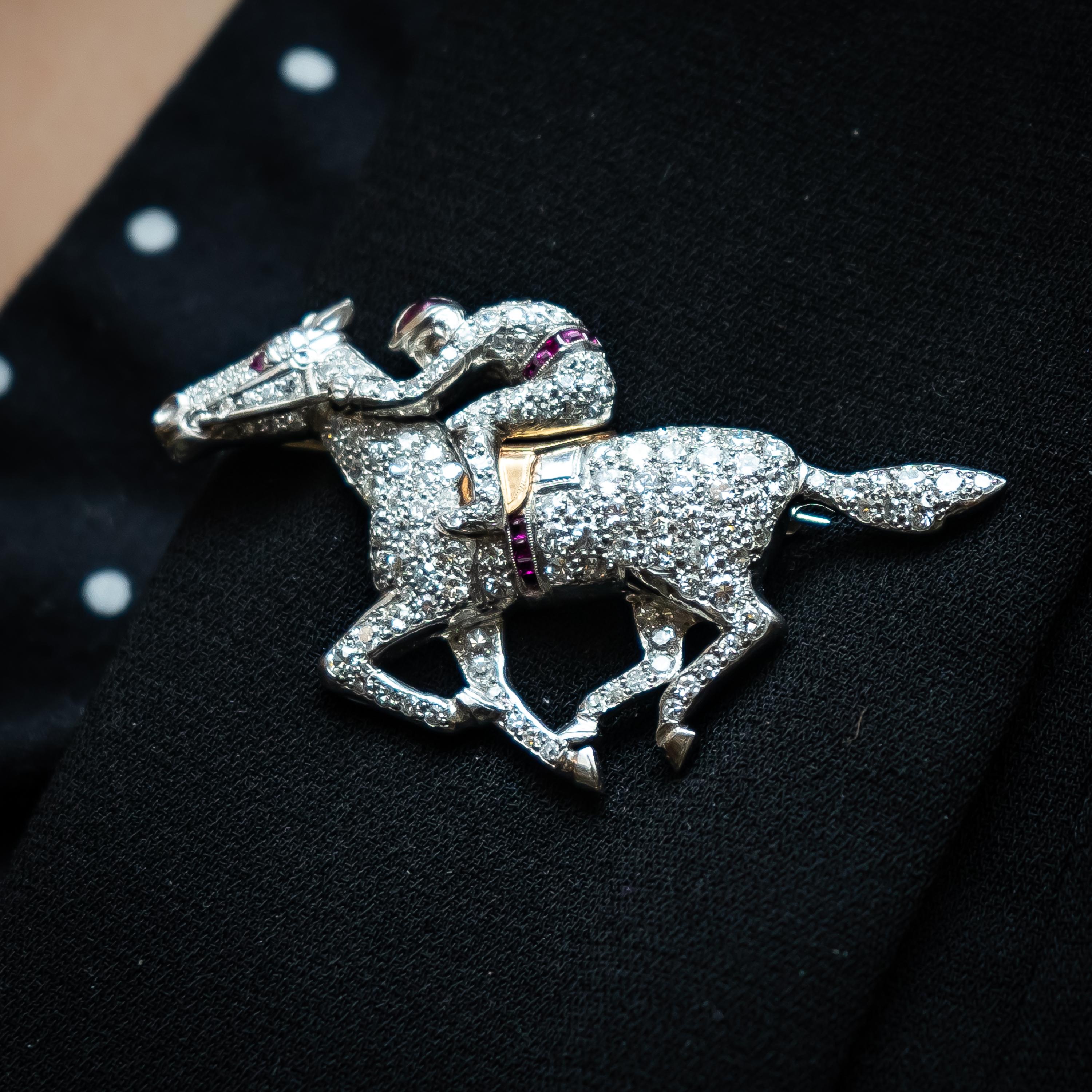 Women's or Men's Vintage Diamond, Platinum And Gold Horse And Jockey Brooch, Circa 1960 For Sale