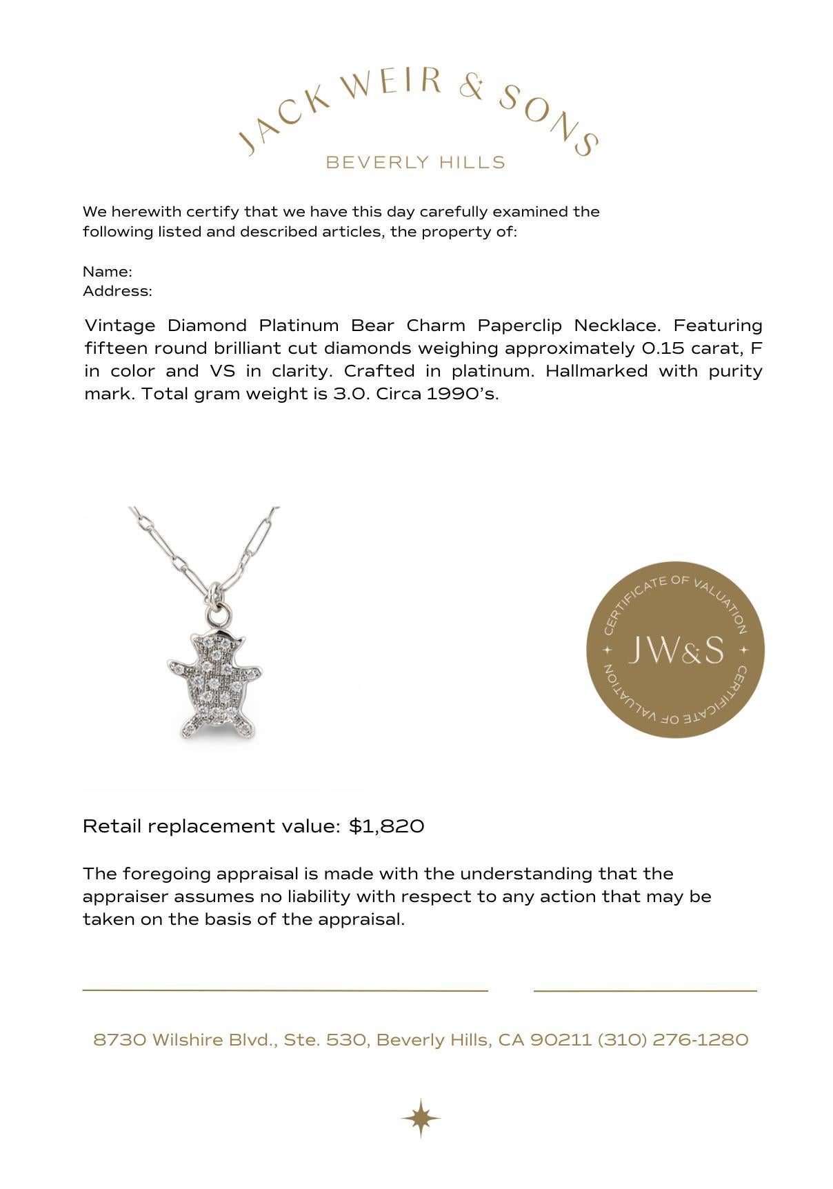 Collier vintage en diamant et platine avec breloque ours et trombone Pour femmes en vente