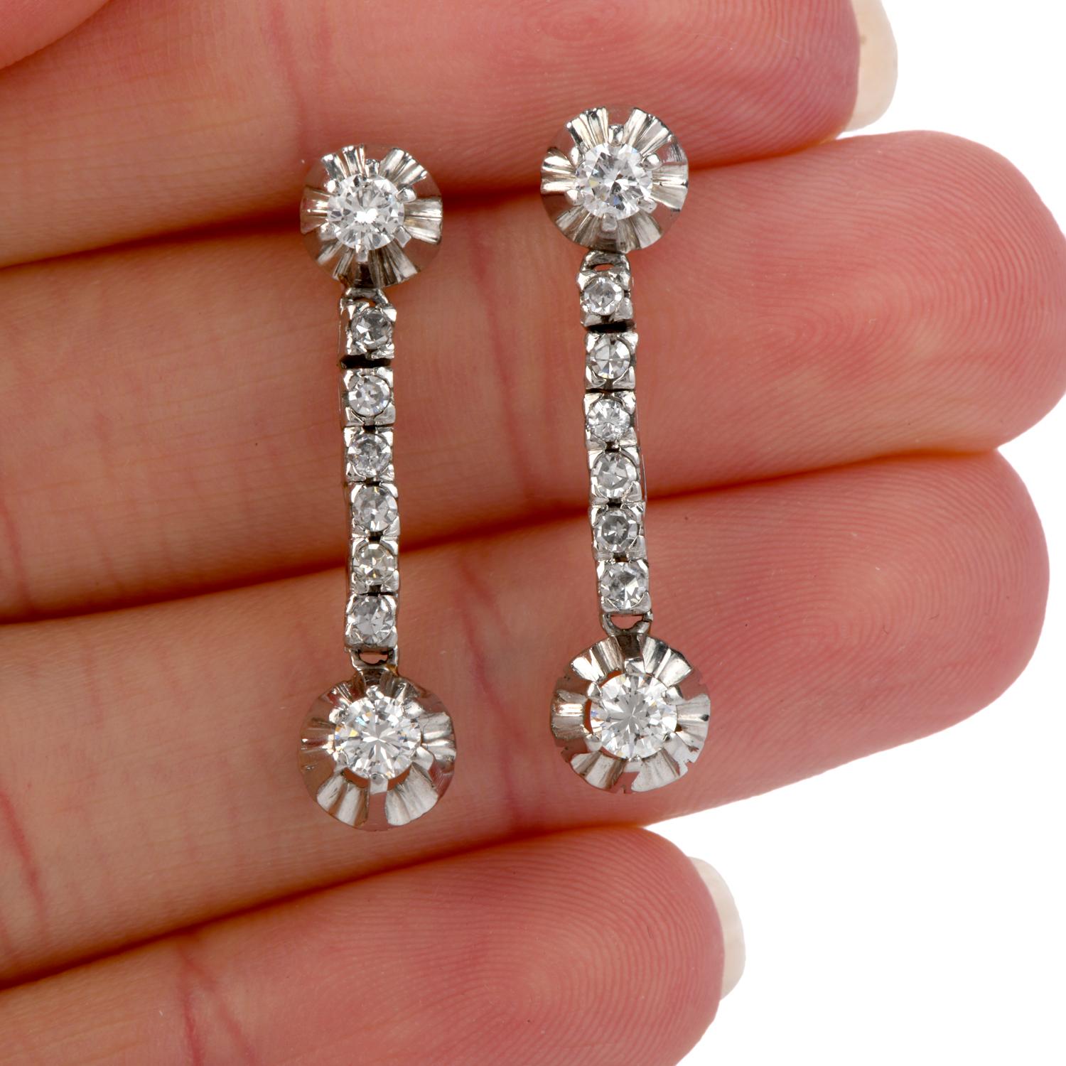 Round Cut Vintage Diamond Platinum Dangle Drop Line Earrings