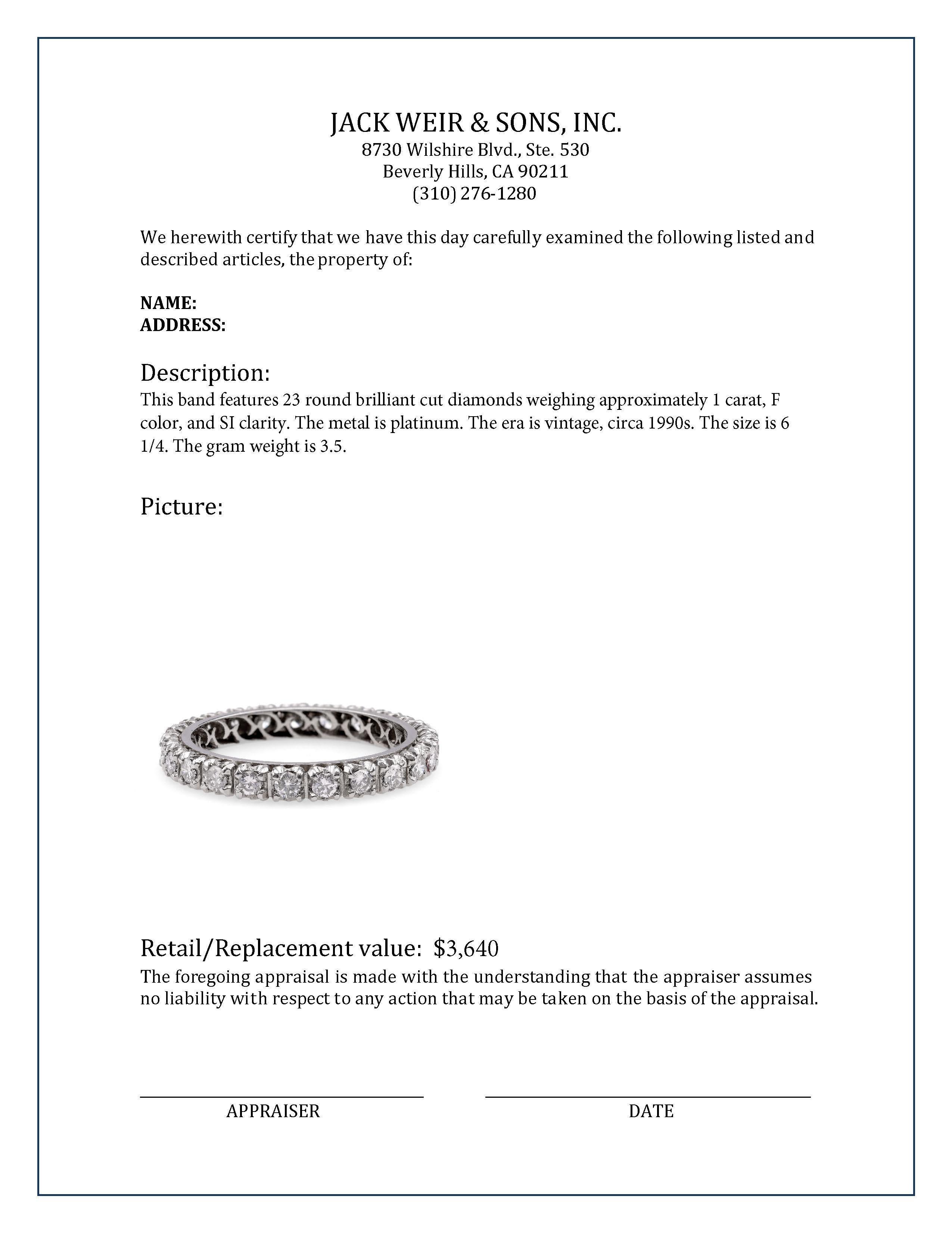 Fascia Eternity in platino con diamante vintage In condizioni ottime in vendita a Beverly Hills, CA