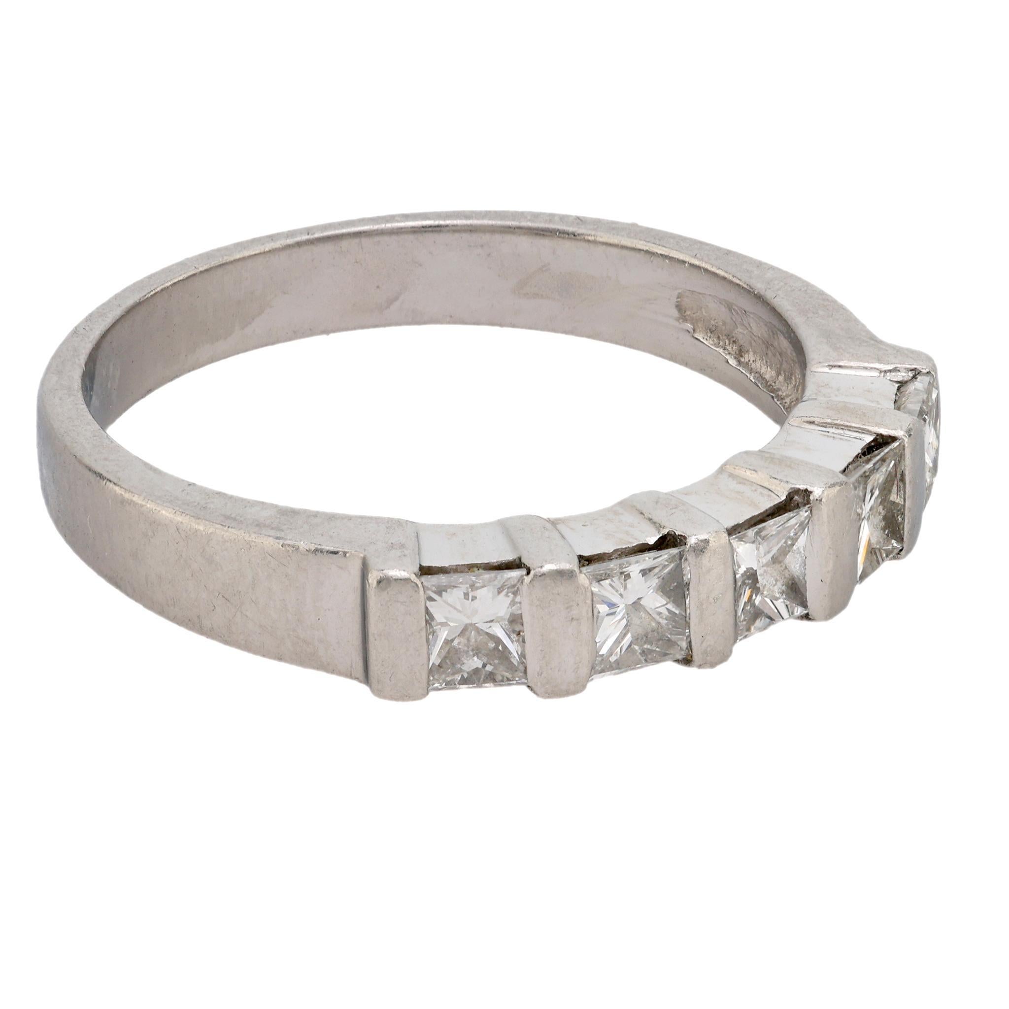 Modern Vintage diamond platinum five stone ring For Sale