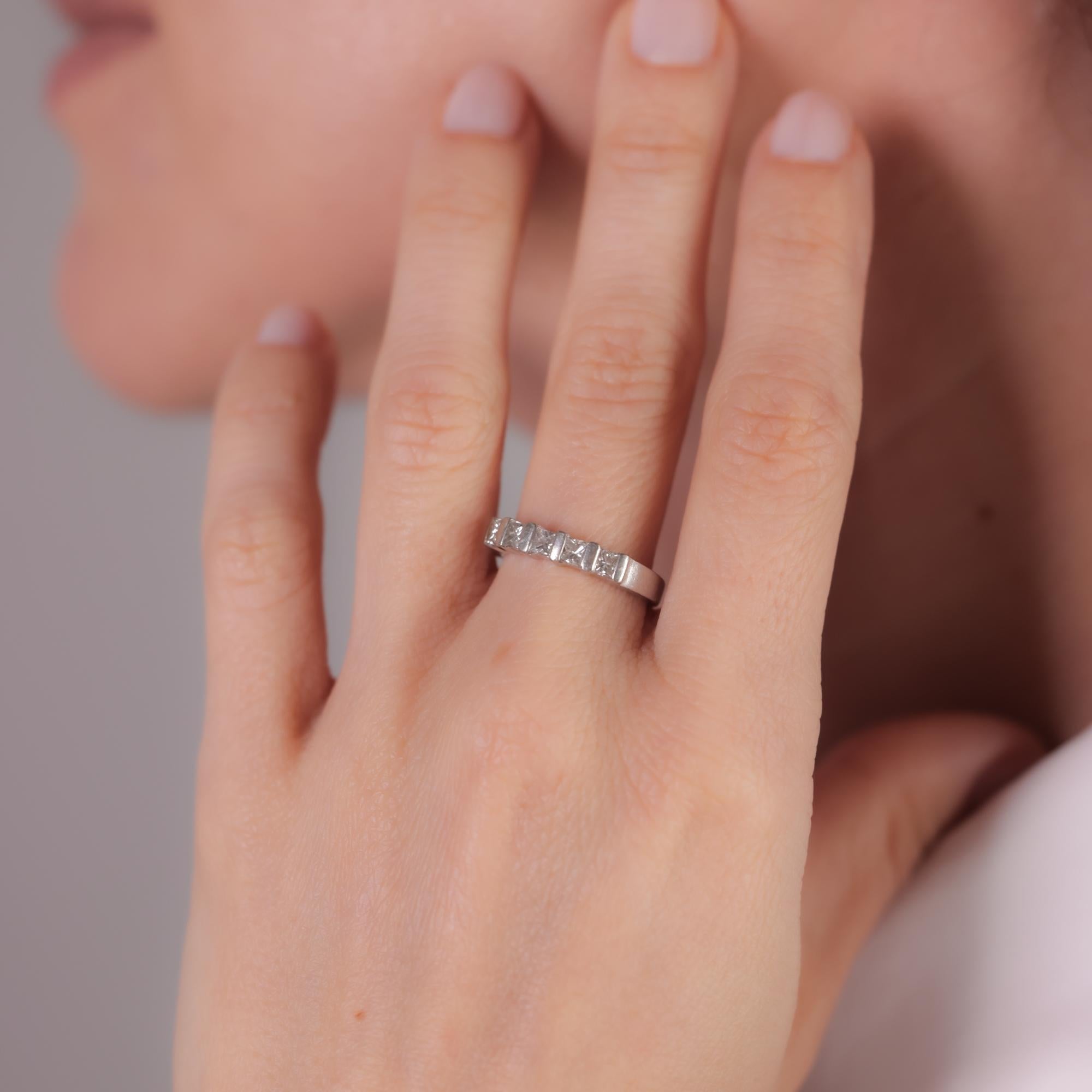 Princess Cut Vintage diamond platinum five stone ring For Sale