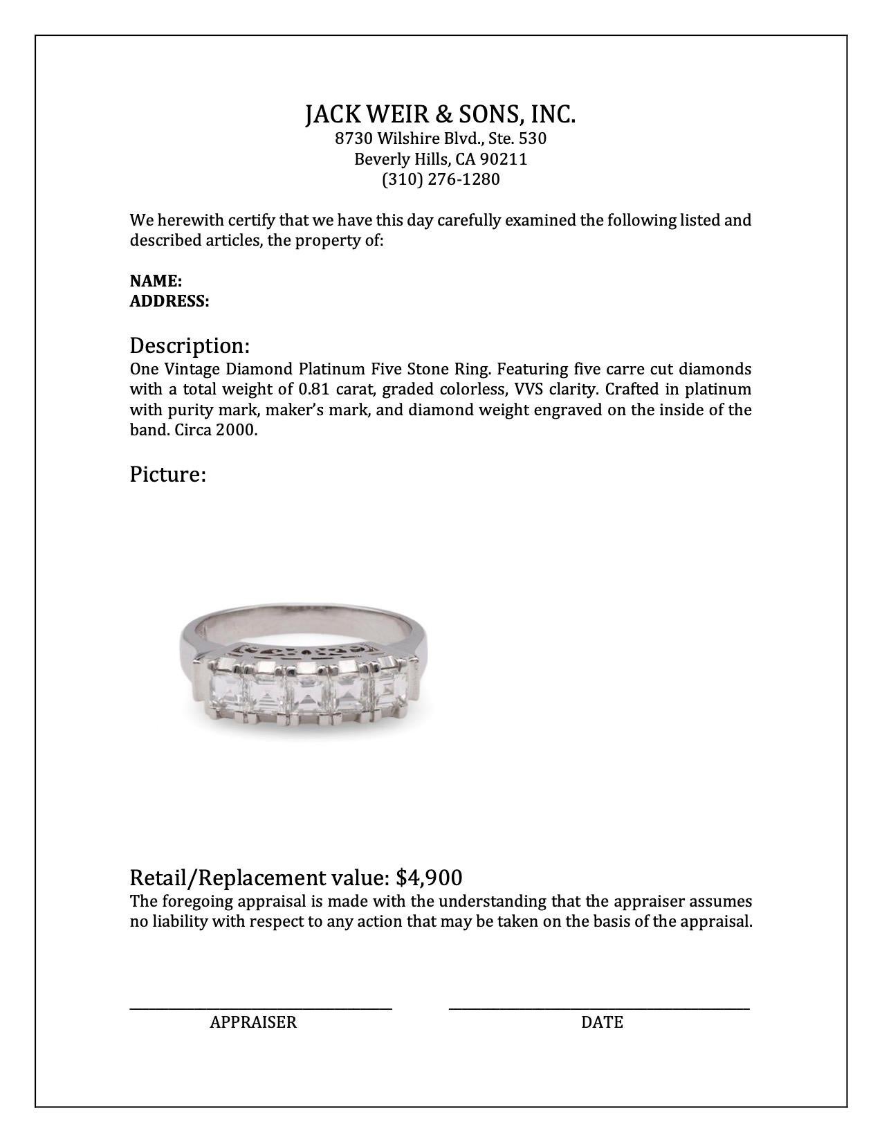 Women's or Men's Vintage Diamond Platinum Five Stone Ring For Sale