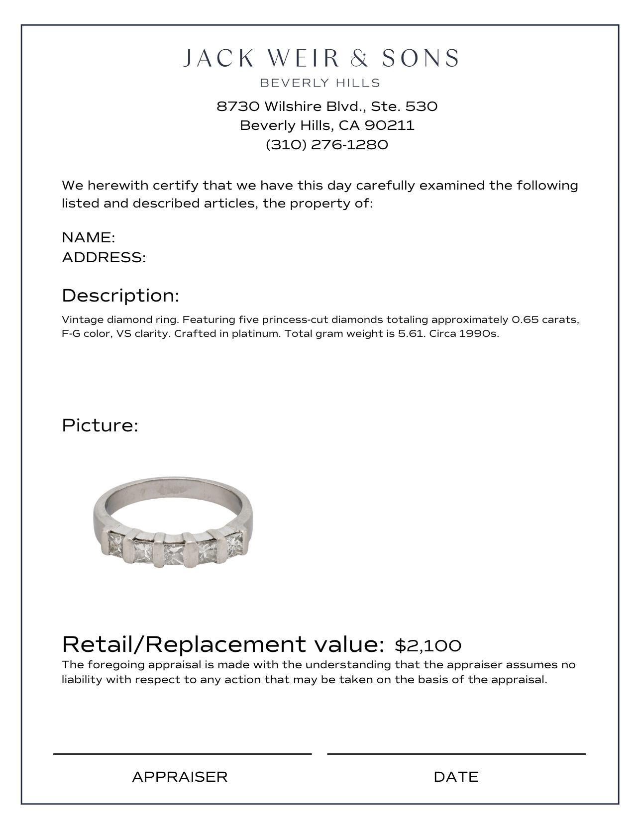 Vintage diamond platinum five stone ring In Excellent Condition For Sale In Beverly Hills, CA
