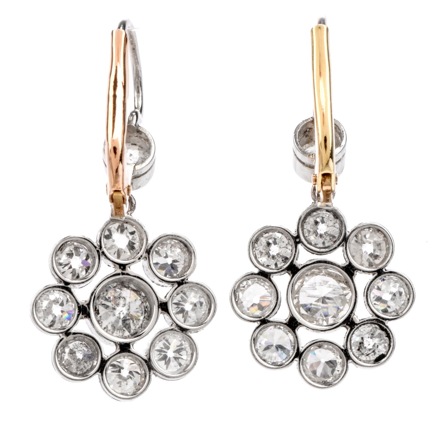 Art Deco Vintage Diamond Platinum Floral Dangling Drop Earrings