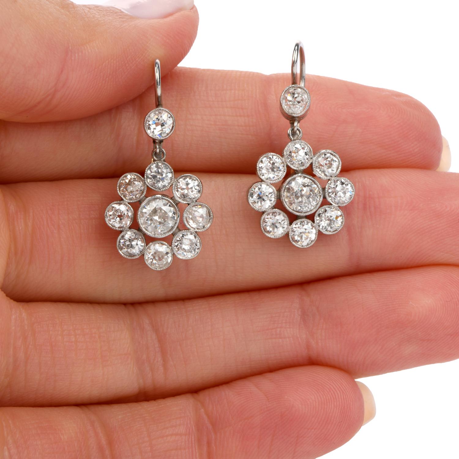 Old Mine Cut Vintage Diamond Platinum Floral Dangling Drop Earrings
