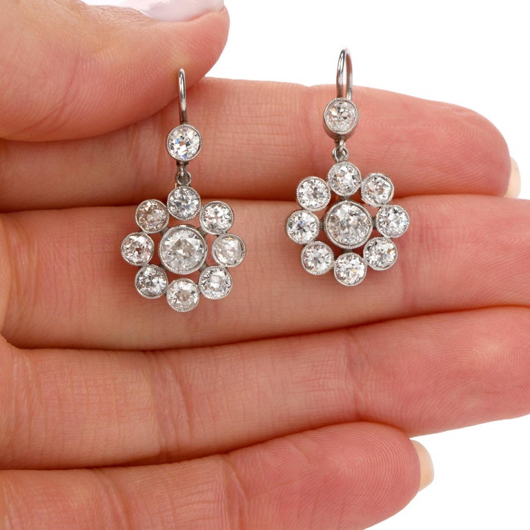 Vintage Diamond Platinum Floral Dangling Drop Earrings at 1stDibs