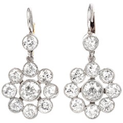 Vintage Diamond Platinum Floral Dangling Drop Earrings