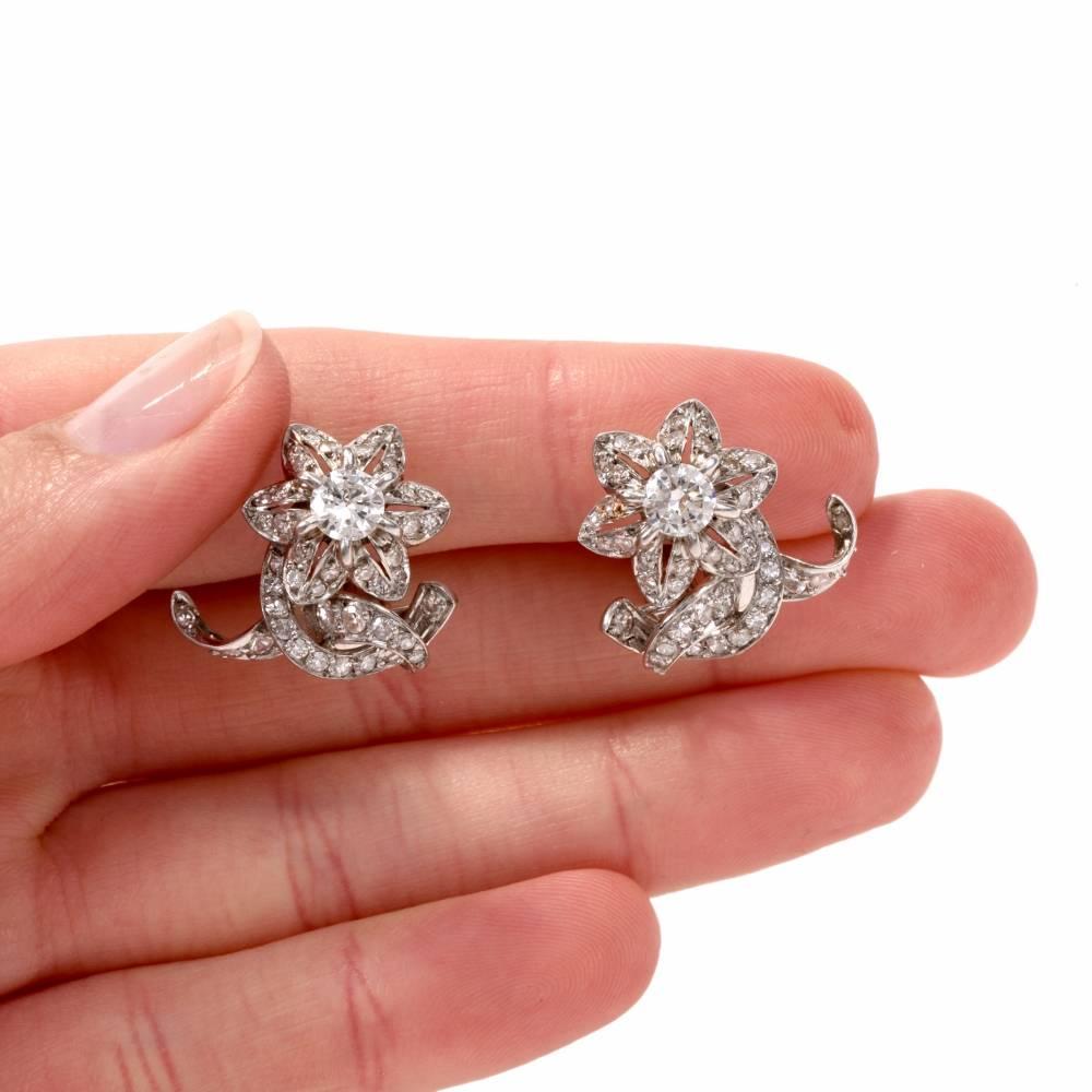 Women's 1950s Diamond Platinum Floral Motif Clip-On Earrings