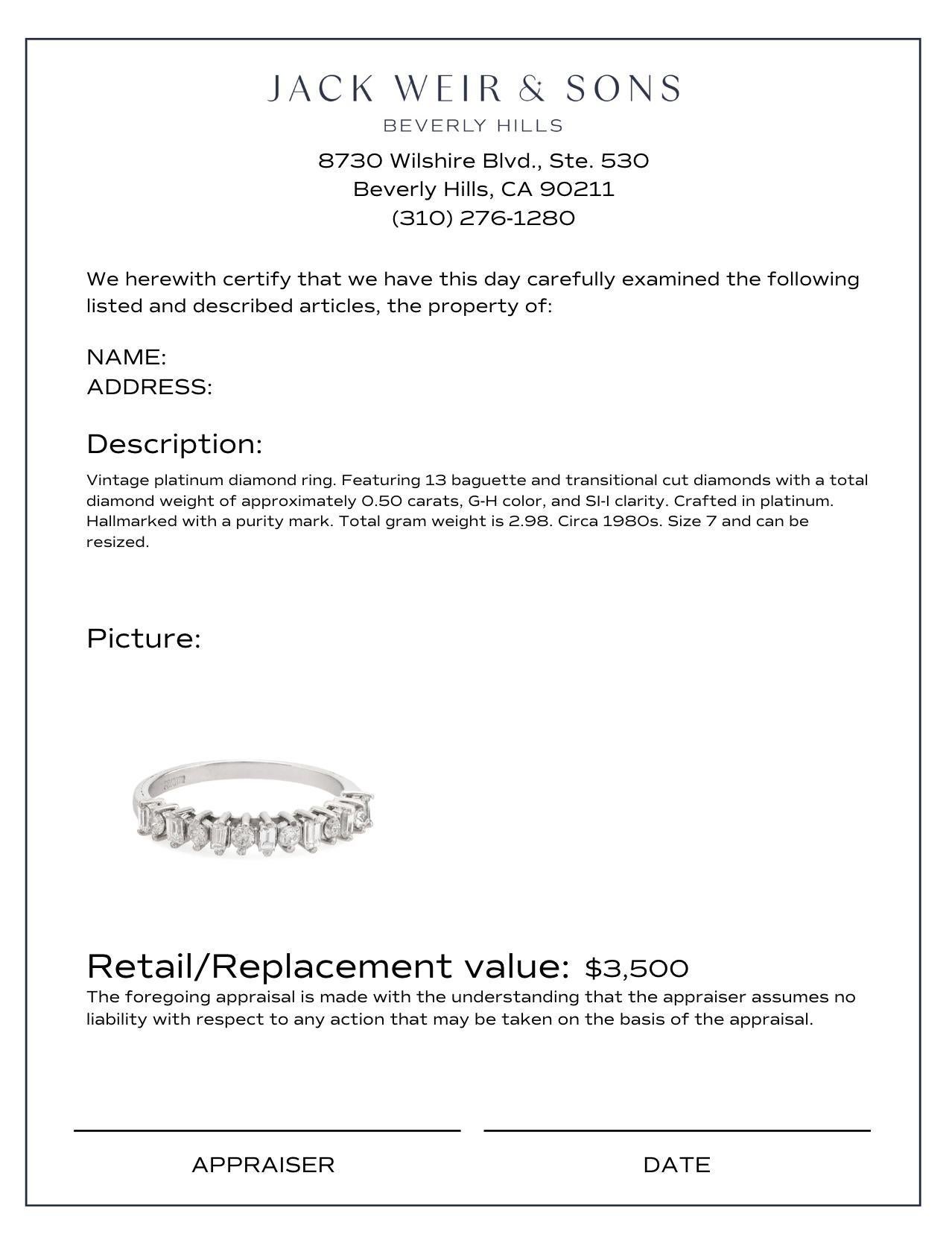 Vintage diamond platinum half eternity wedding band In Excellent Condition For Sale In Beverly Hills, CA