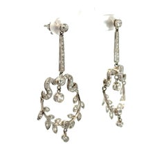 Vintage Diamond Platinum Open Circle Leaf Drop Earrings Estate Fine Jewelry