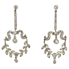 Vintage Diamond Platinum Open Circle Leaf Drop Earrings Estate Fine Jewelry