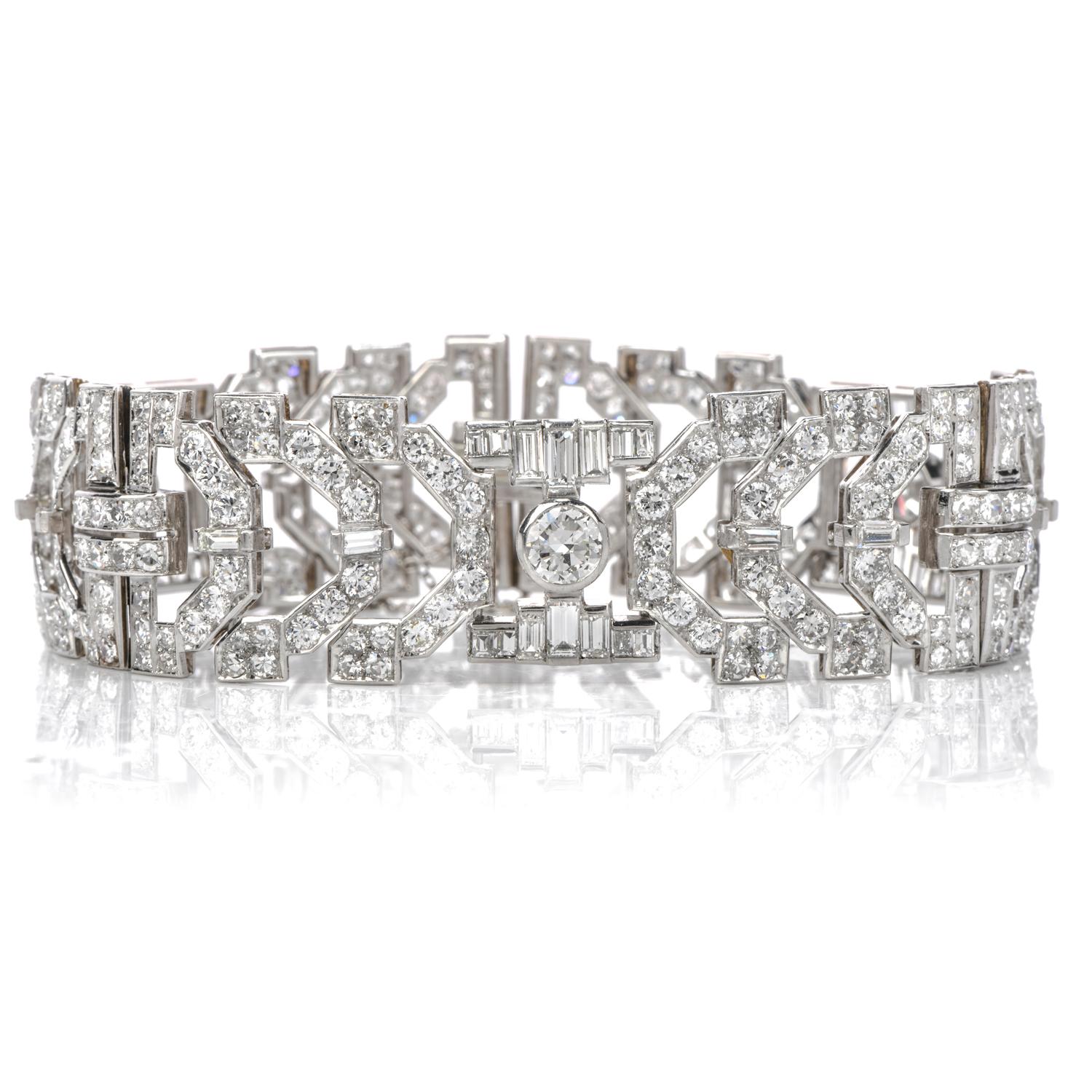  Wow yourself everyday with this stunning Vintage Diamond Platinum Round Baguette Wide French Bracelet!  
ThisArt Deco style bracelet bezel-set with three large European-cut round diamond, Weighing approx. 2.30 carats in total. G-H color, VS clarity