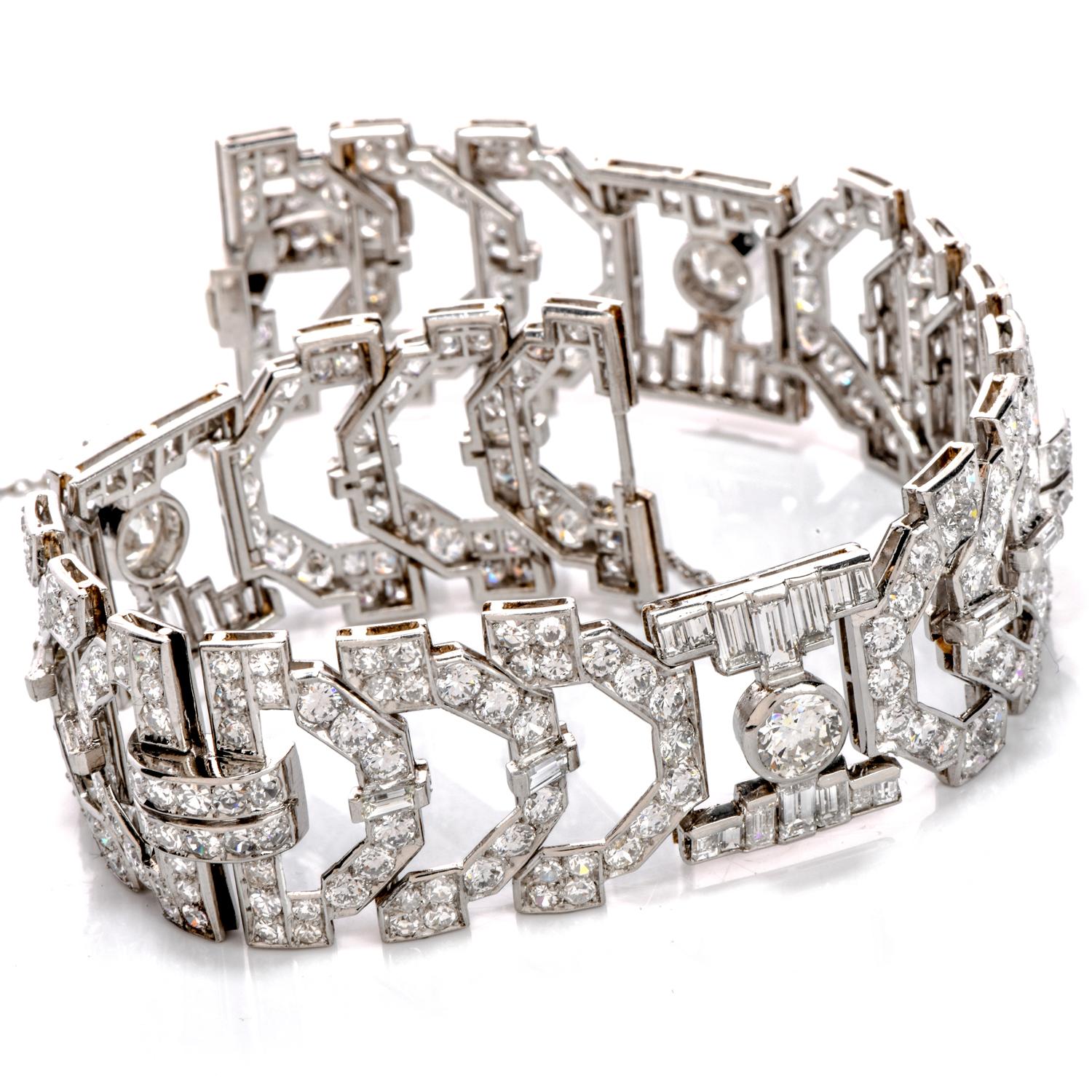 Art Deco Vintage Diamond Platinum Round Baguette Wide Bracelet