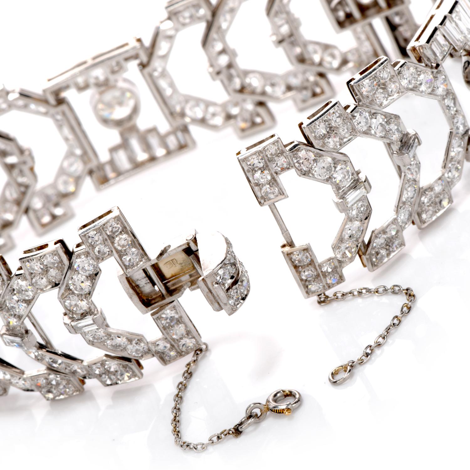 Vintage Diamond Platinum Round Baguette Wide Bracelet In Excellent Condition In Miami, FL