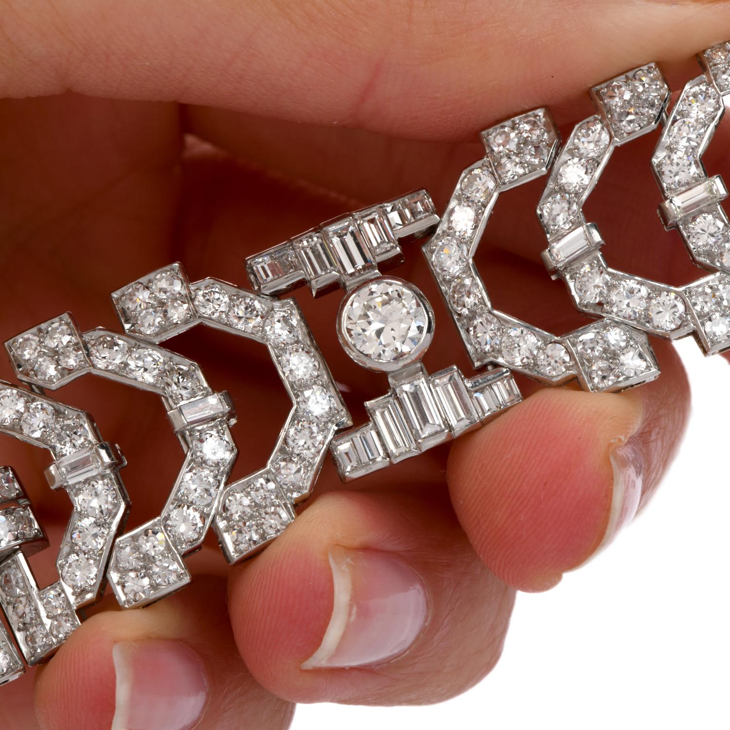 Women's or Men's Vintage Diamond Platinum Round Baguette Wide Bracelet