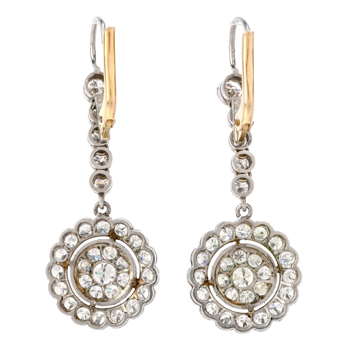 Art Deco Vintage Diamond Platinum Round Cluster Dangle Drop Earrings