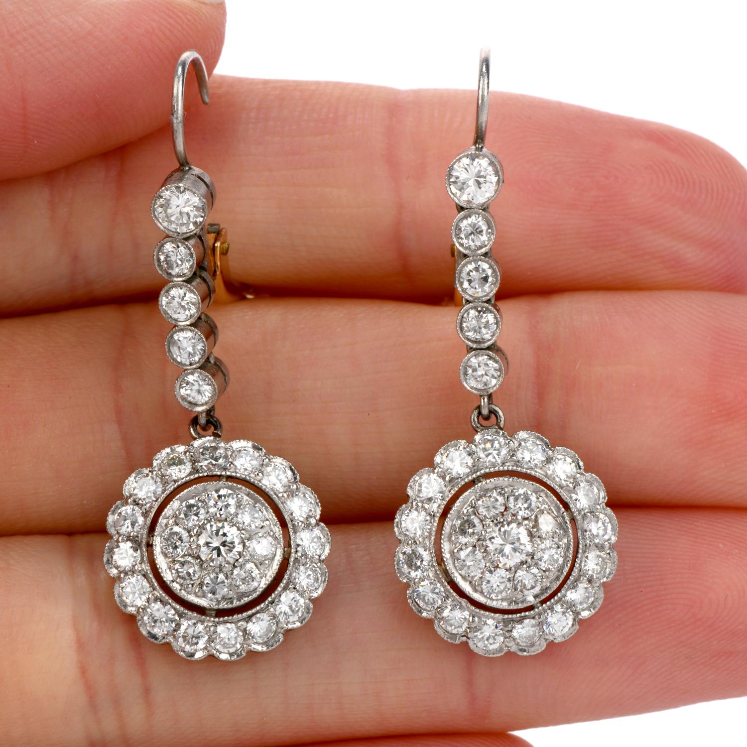 Vintage Diamond Platinum Round Cluster Dangle Drop Earrings In Excellent Condition In Miami, FL