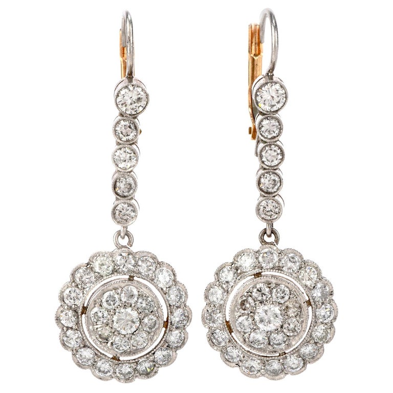 Vintage Diamond Platinum Round Cluster Dangle Drop Earrings For Sale at