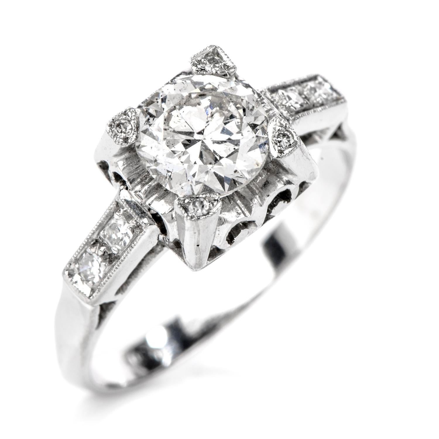 Vintage Diamond Platinum Round Cut Filigree Engagement Ring In Excellent Condition In Miami, FL