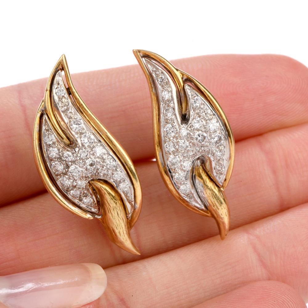 Vintage Diamond Platinum Yellow Gold Clip-On Earrings In Excellent Condition In Miami, FL