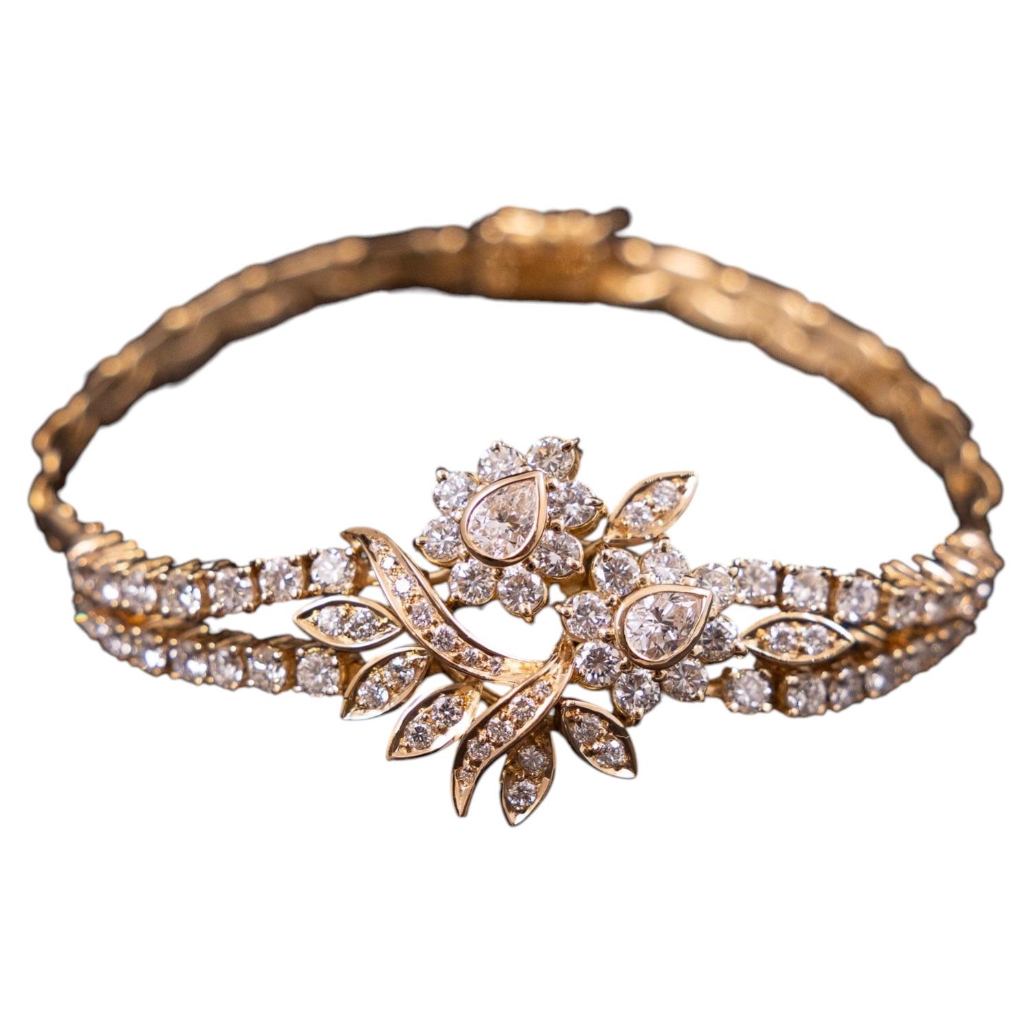 Vintage Diamond Portuguese 19.2 Karat Yellow Gold 1980s Floral Cocktail Bracelet