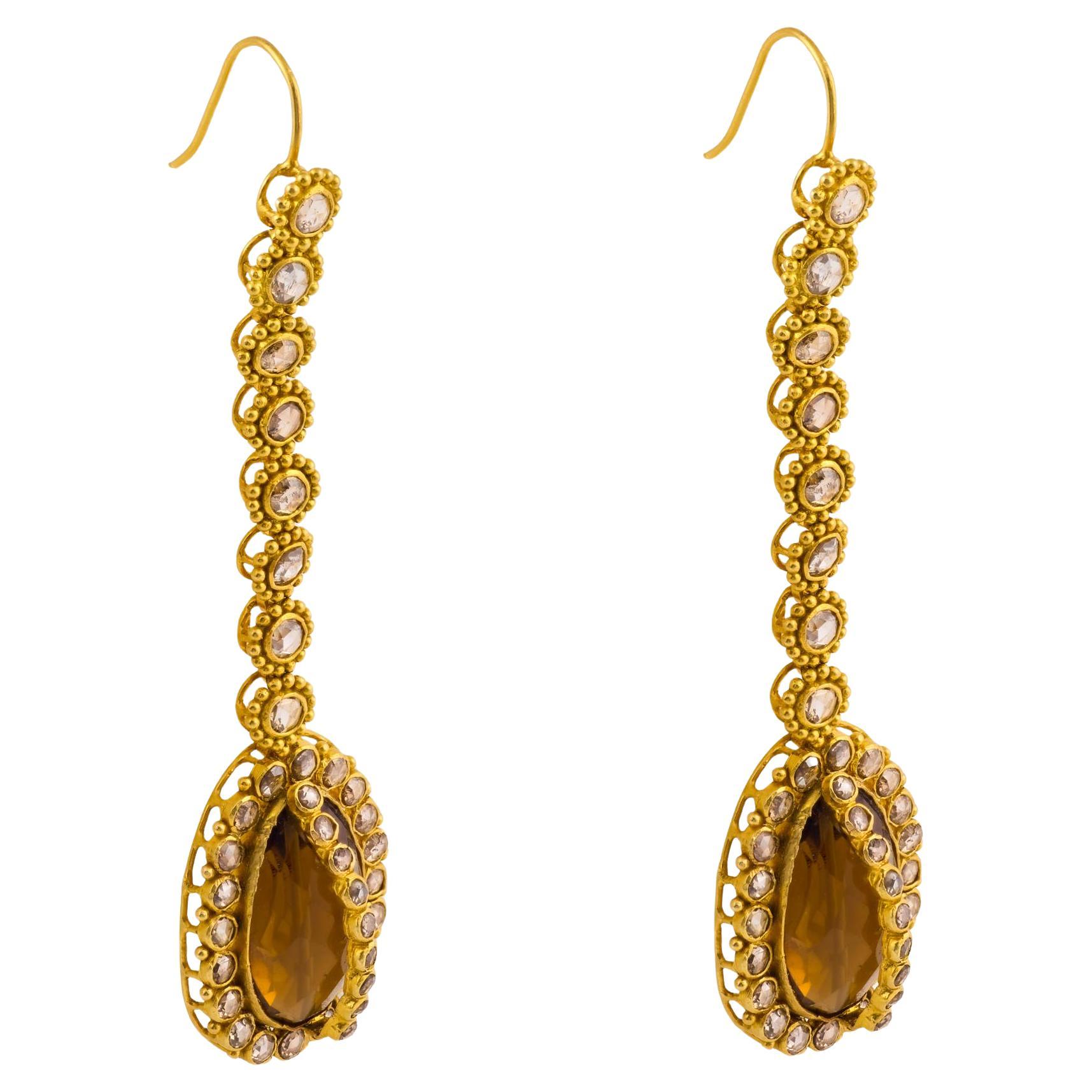 Orecchini vintage con quarzo e diamanti in oro giallo 18 carati