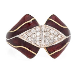 Vintage Diamond Red Enamel Ring Sz 6.5 Wide Cigar Band Estate Fine Jewelry