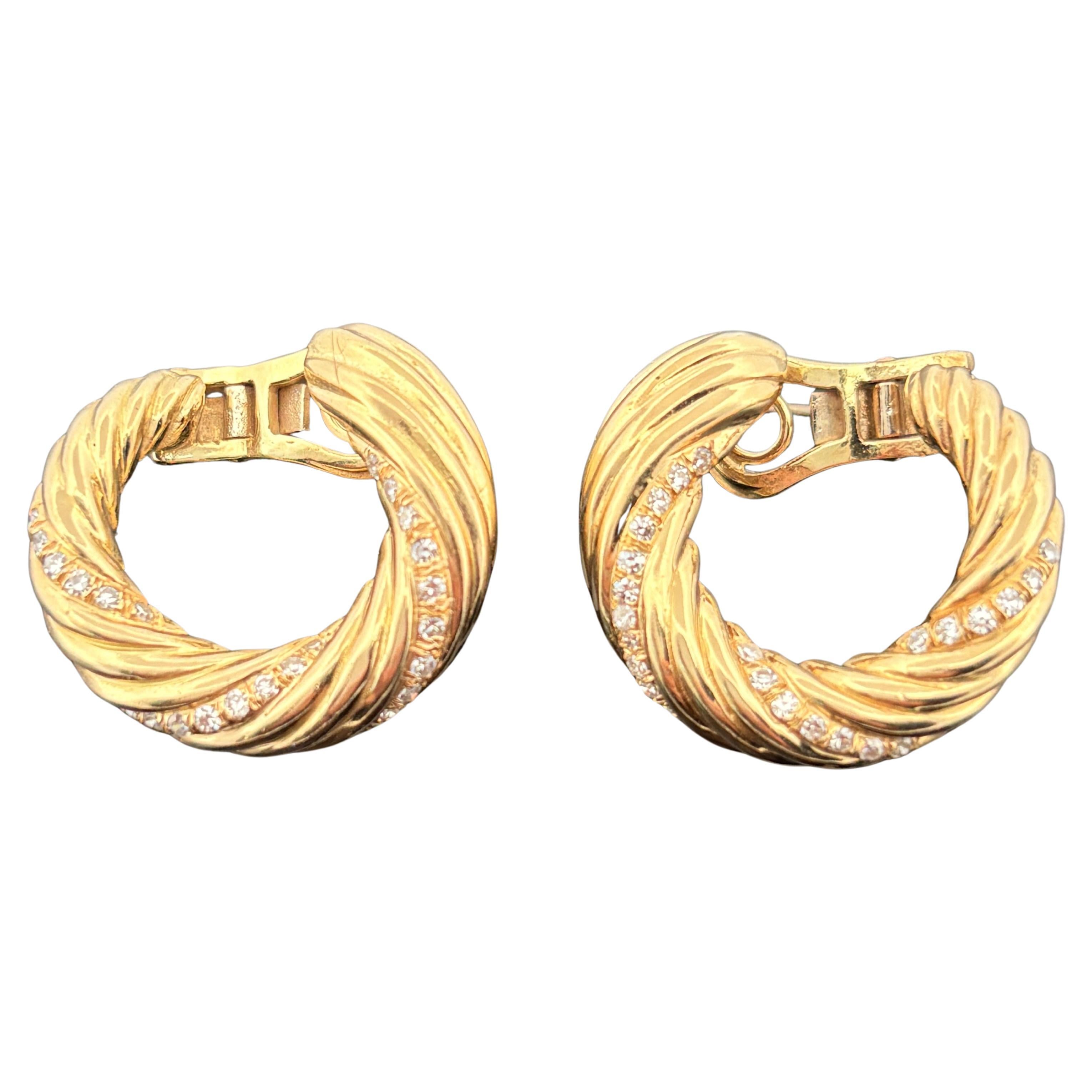 Vintage Diamond Ribbed Hoop 18k Yellow Gold Earrings - 1"