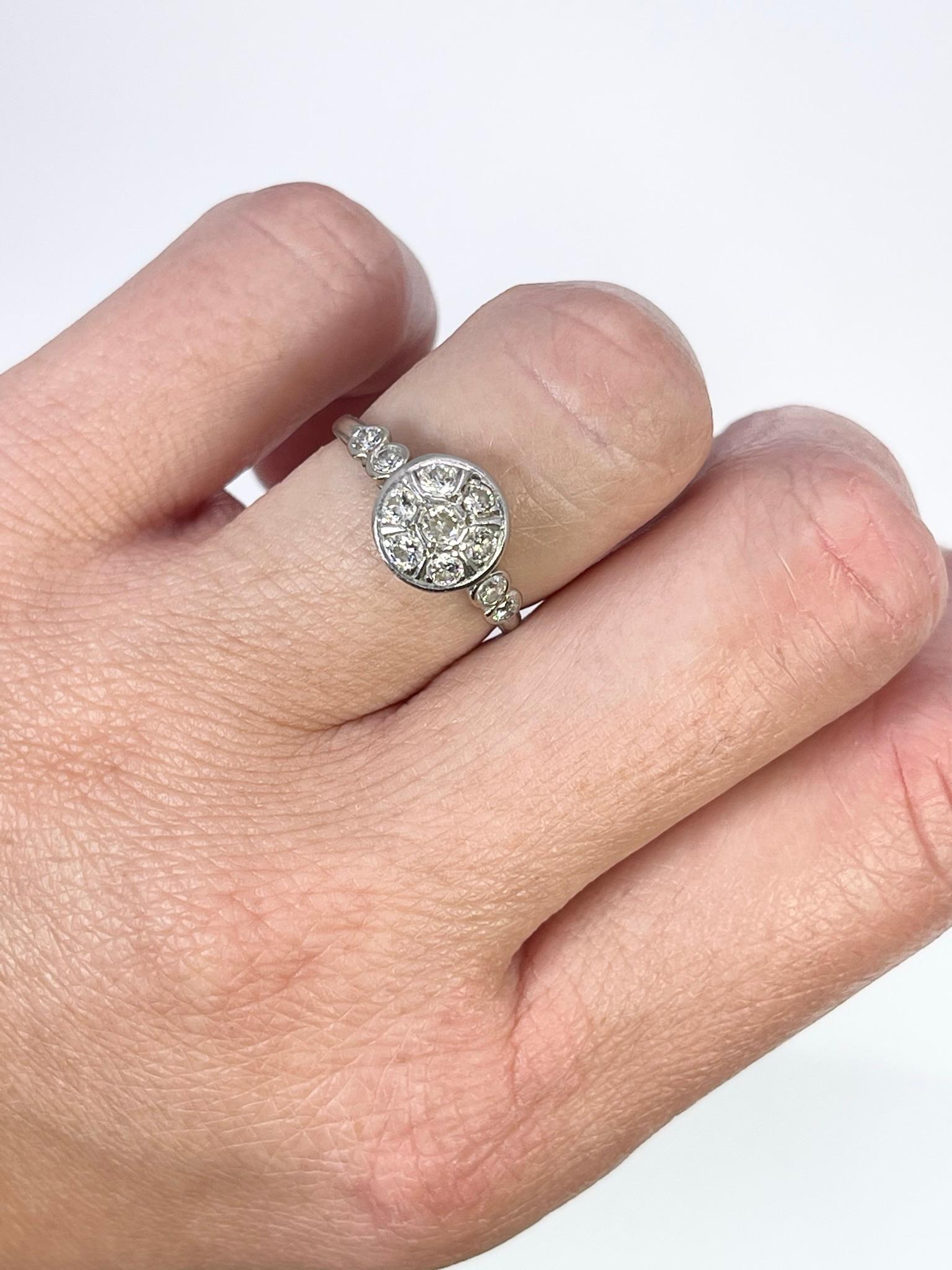 Diamond ring made in 14KT white gold, old and vintage, diamonds are old cut.

GRAM WEIGHT: 2.37gr
METAL: 14KT white gold

NATURAL DIAMOND(S)
Cut: Round(old cut)
Color: G (average)
Clarity: VS (average)
Carat: 0.50ct
Size: 67 (can be re-sized)
Item#:
