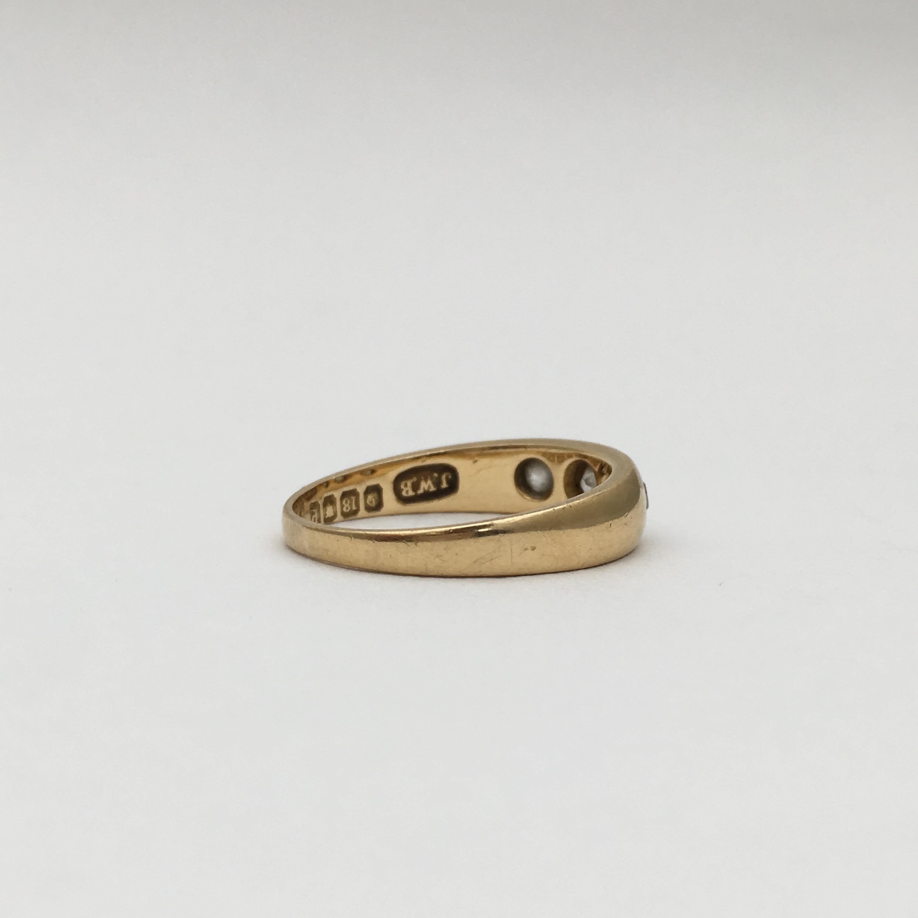 Old European Cut Vintage Diamond Ring 18K Gold 3 Gemstone Gypsy Set Band Stacker Edwardian 1910 For Sale
