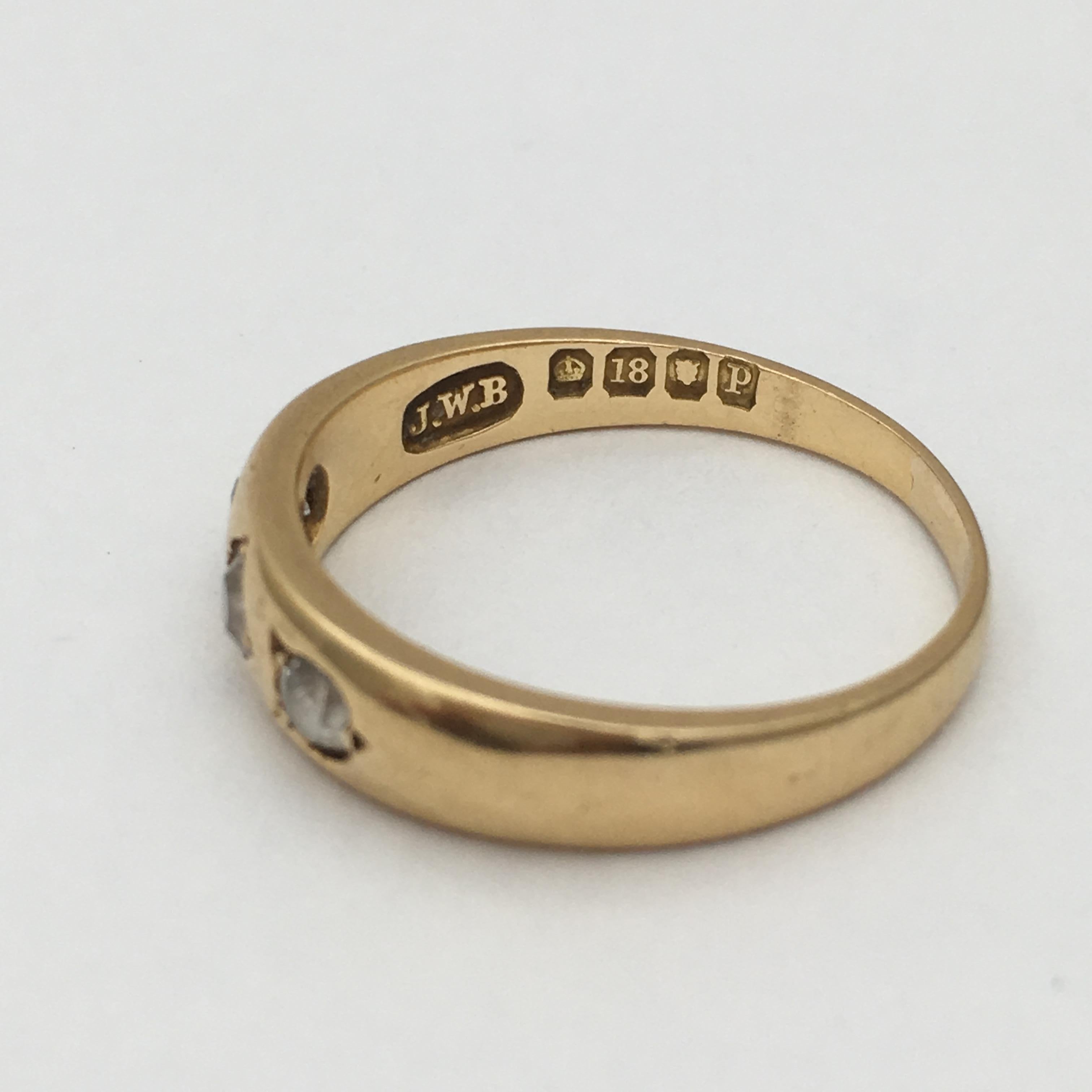 Vintage Diamond Ring 18K Gold 3 Gemstone Gypsy Set Band Stacker Edwardian 1910 For Sale 1