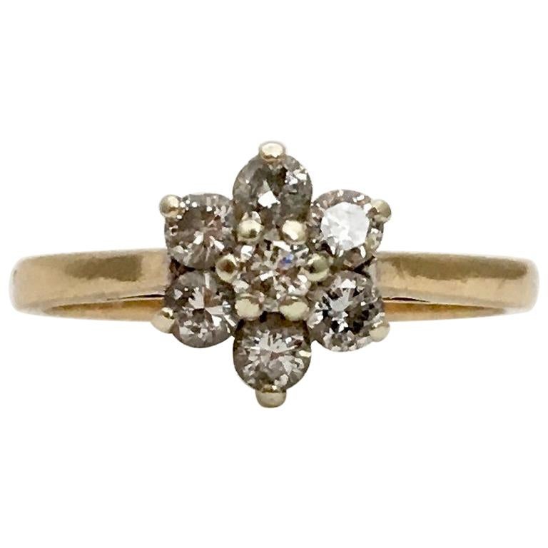 Vintage Diamond Ring Flower Gemstone 9 Karat Yellow Gold Engagement Ring For Sale