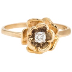 Vintage Diamond Ring Rose Flower 14 Karat Gold Estate Fine Jewelry Stacking