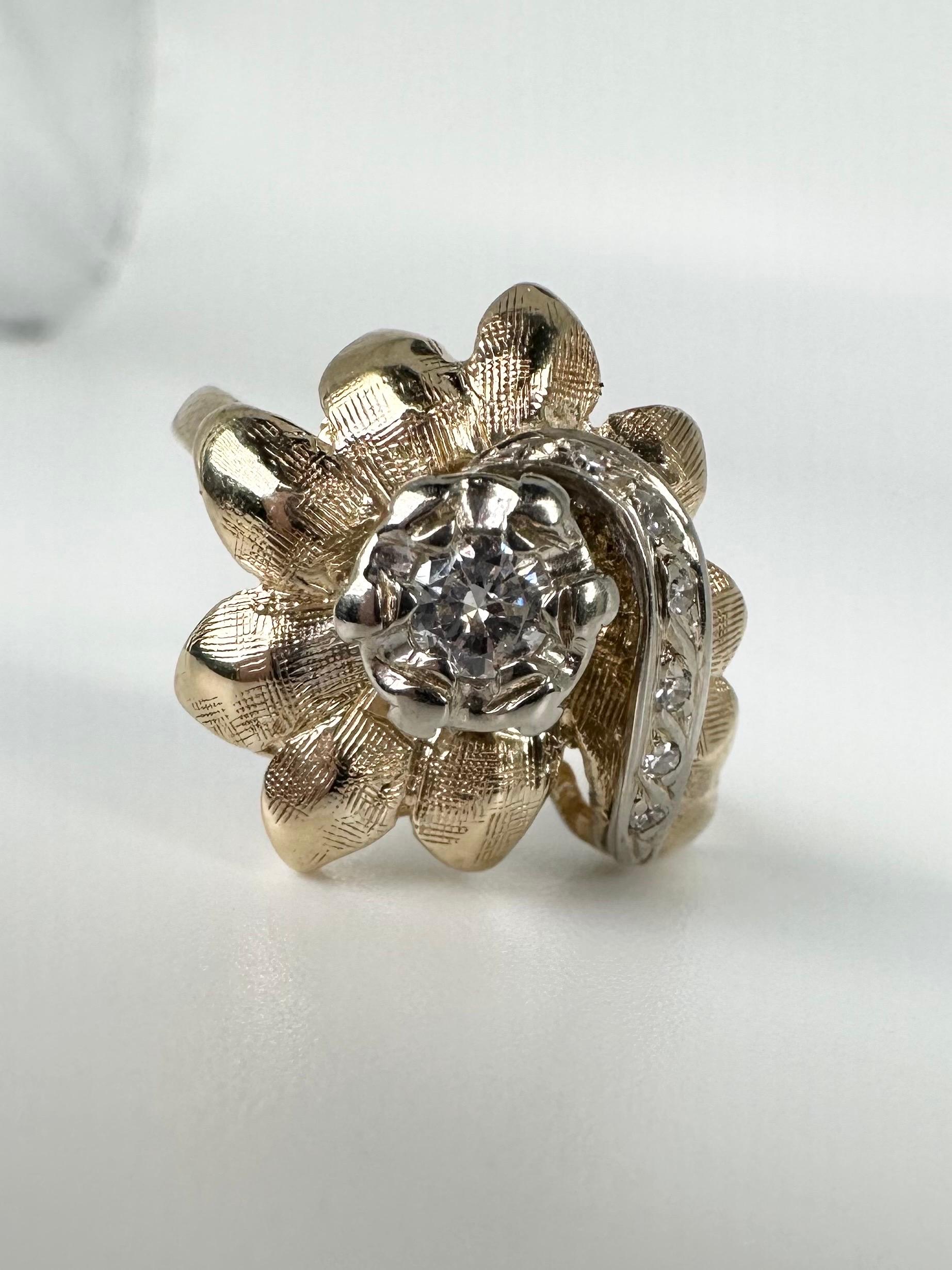 De las mujeres Anillo de diamantes vintage anillo floral girasol 14KT oro amarillo en venta