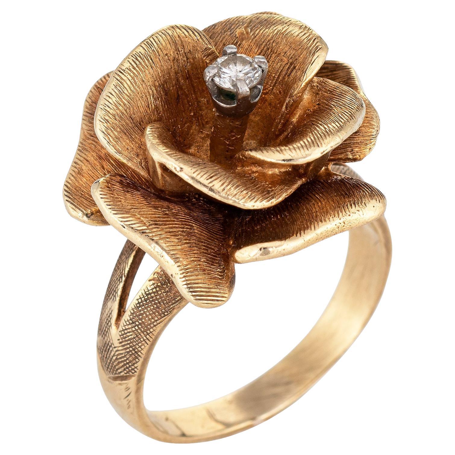 Vintage Diamond Rose Ring 14k Yellow Gold Flower Cocktail Fine Jewelry at  1stDibs