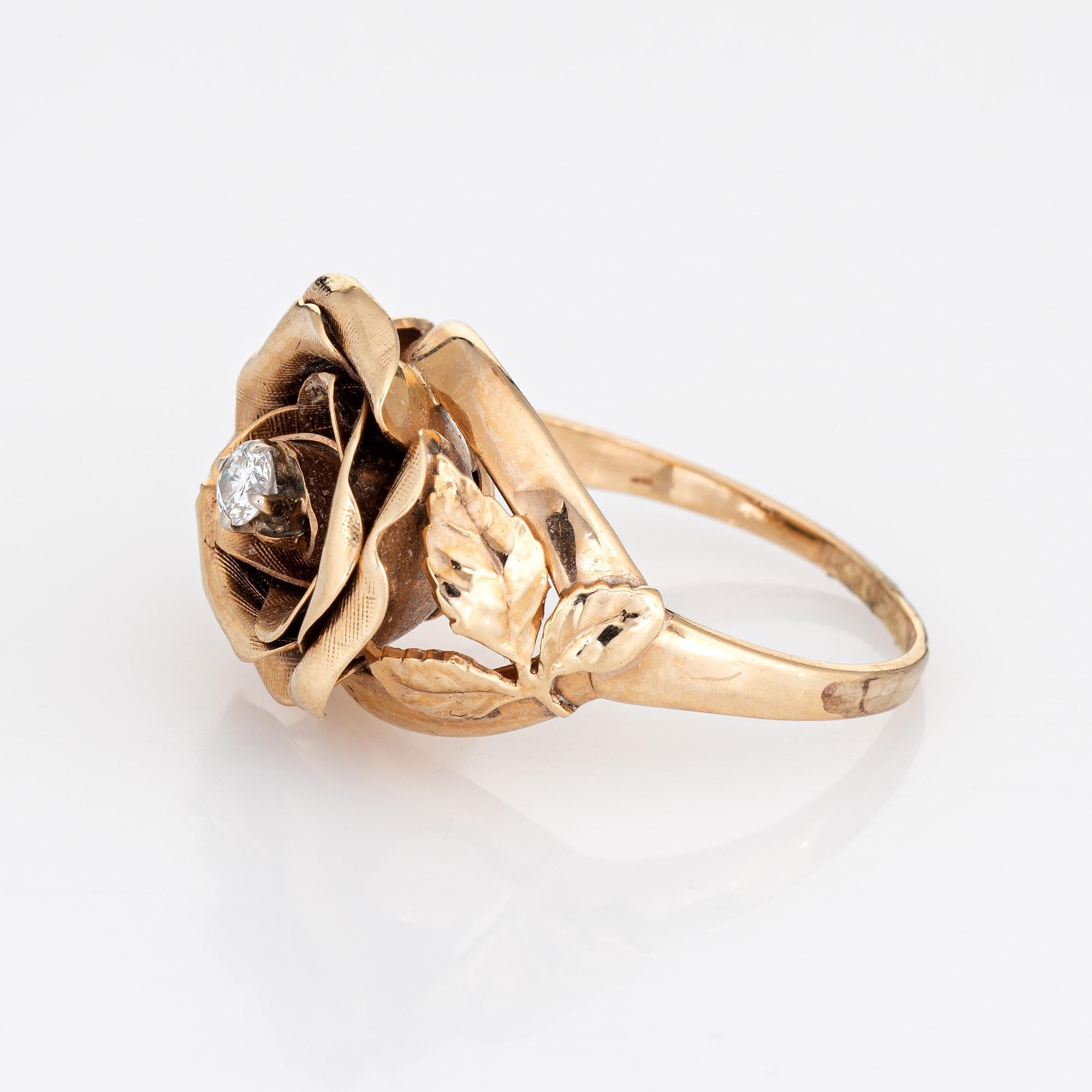 Vintage Diamant Rose Ring 14k Gelbgold Blumen-Cocktailschmuck (Rundschliff)